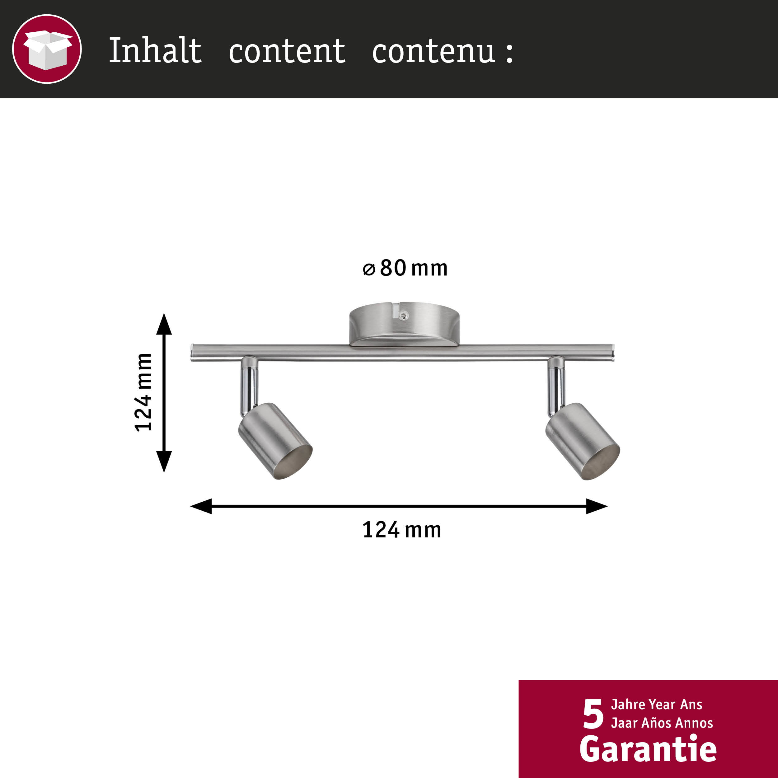 Zwei silberne Spots auf einer Stange, Maße 124x80 mm. 5 Jahre Garantie.
