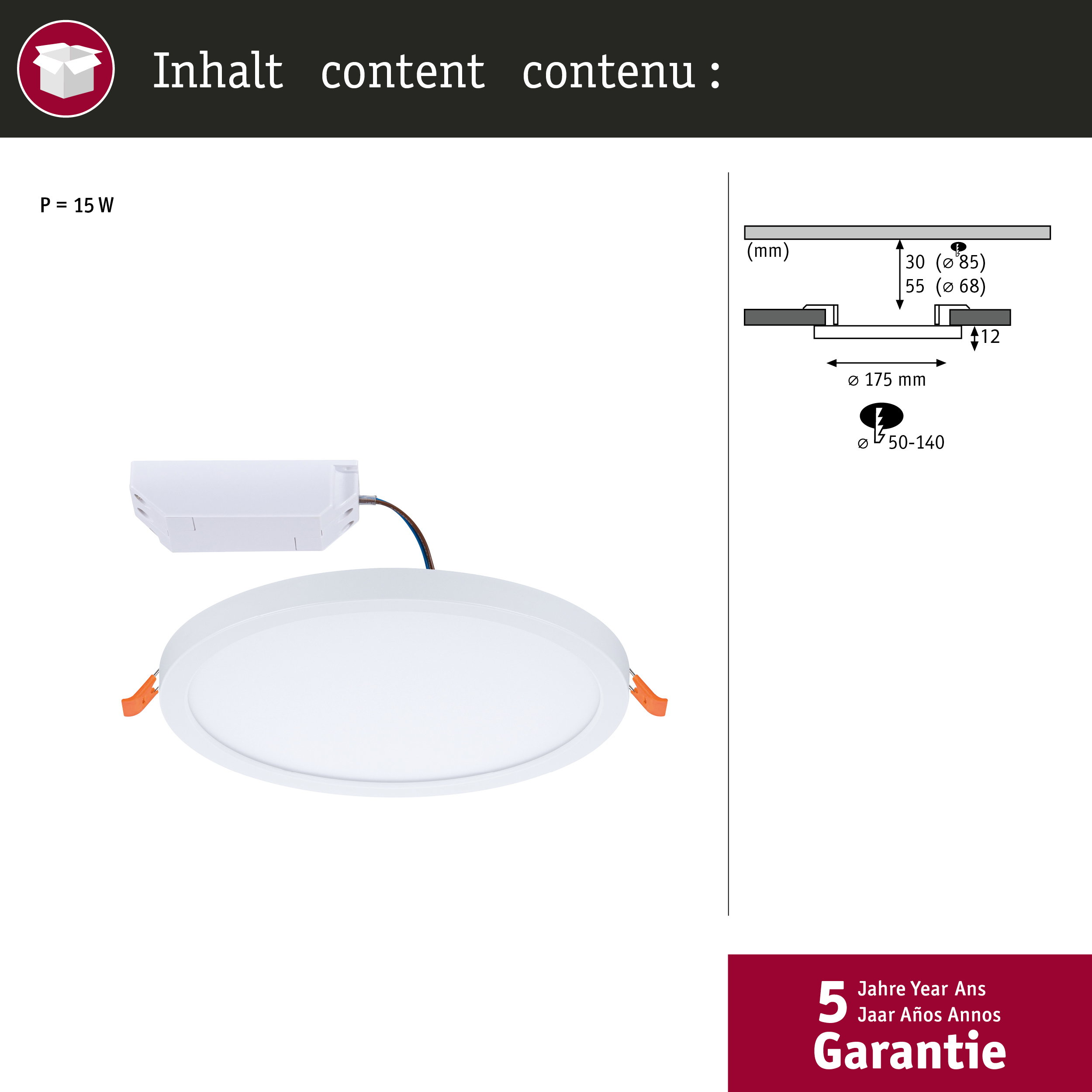 Biała lampa podtynkowa ze sterownikiem i wymiarami technicznymi.