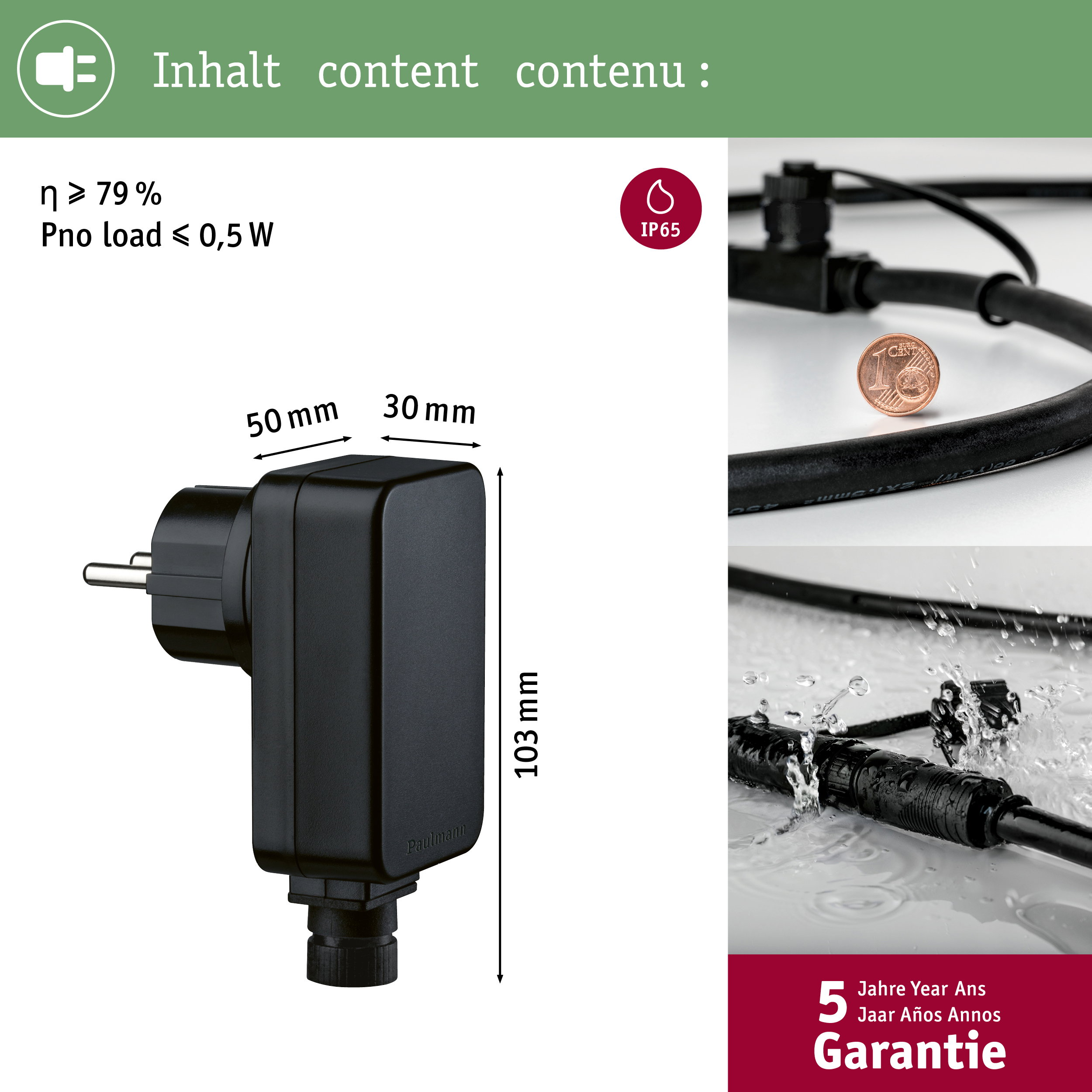 Schwarzer Netzstecker mit Maßen, IP65 Symbol, Kabel und 1-Cent-Münze.