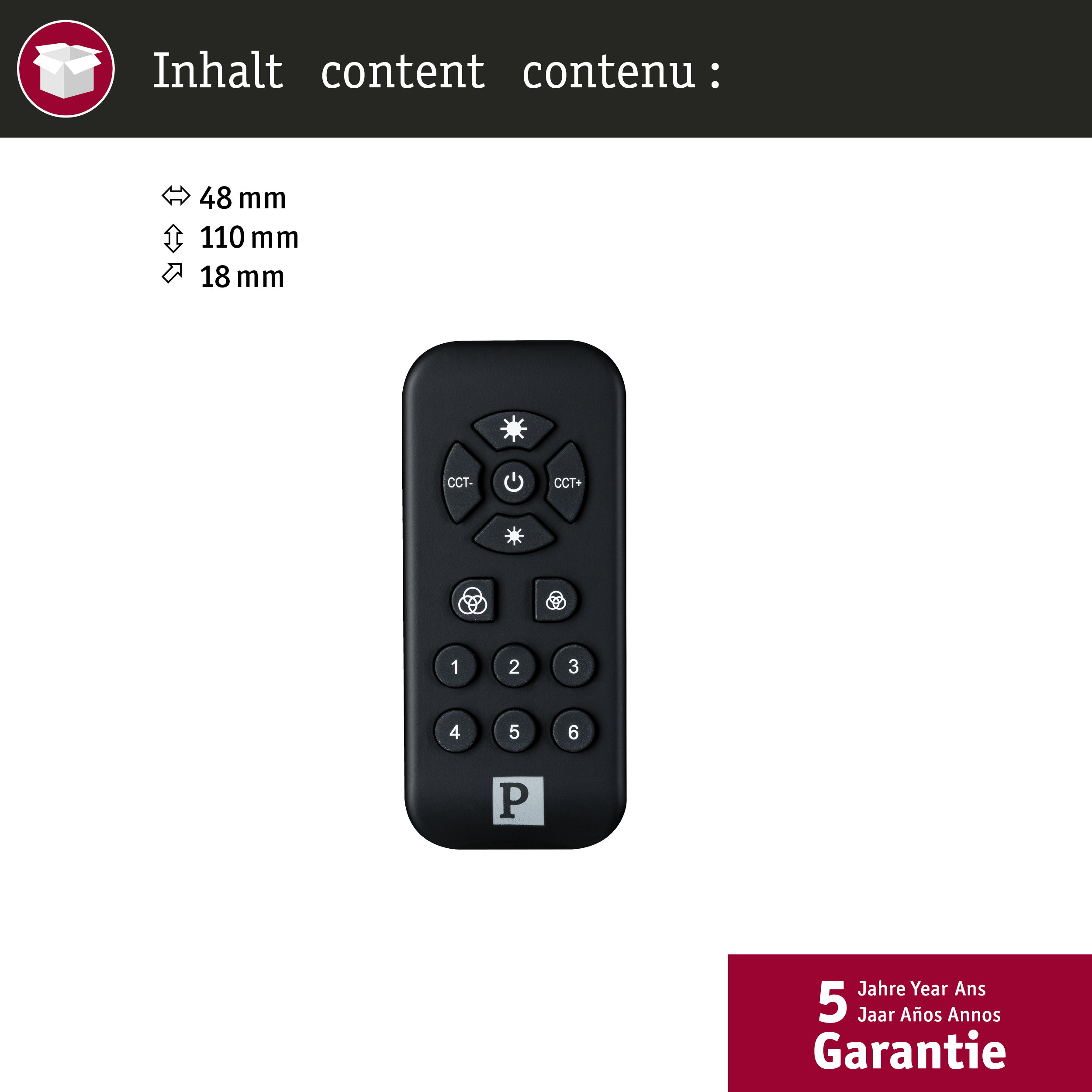 Schwarze Fernbedienung mit Tasten für Helligkeit, CCT, Nummer und Logo.