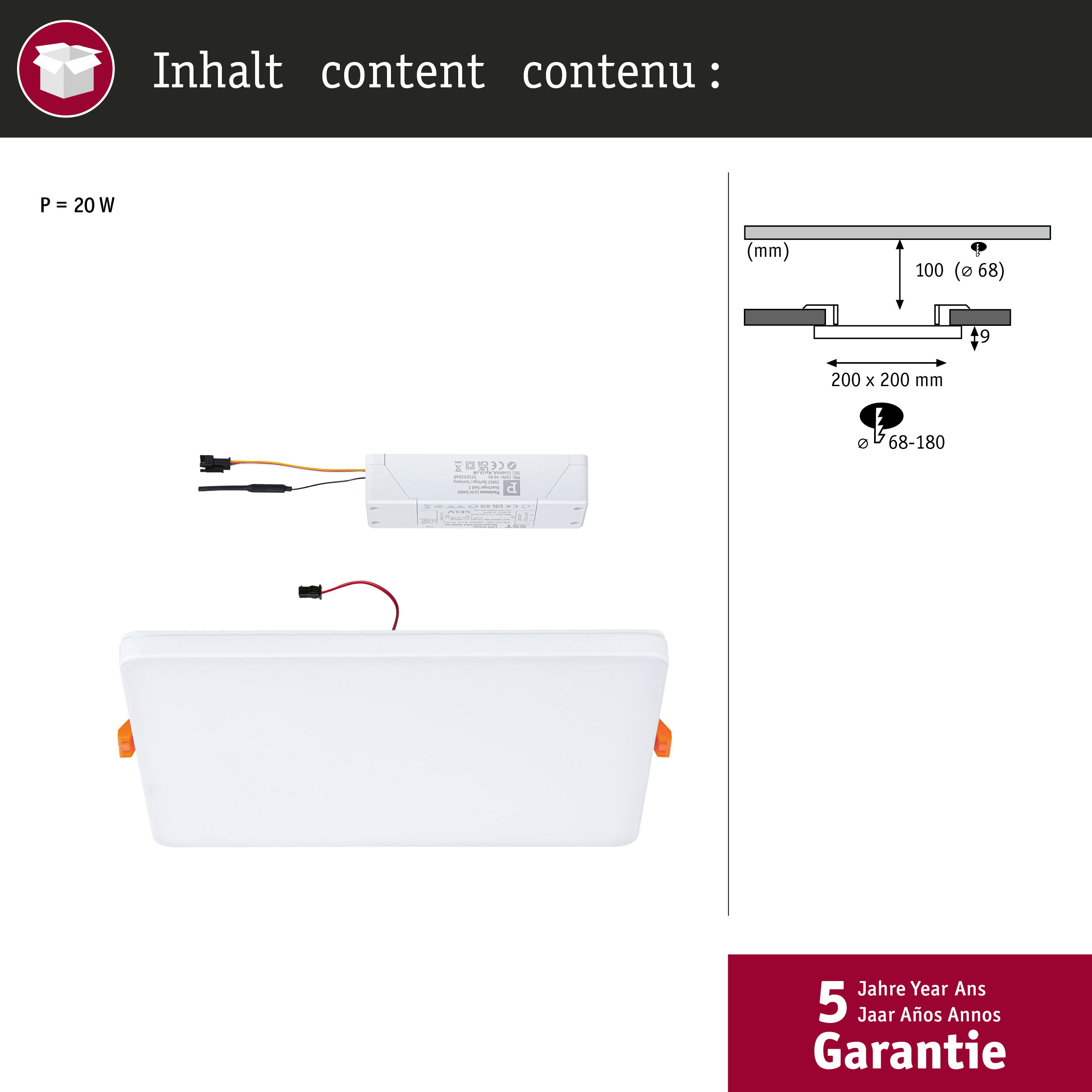 Una plafoniera LED bianca con driver e dimensioni.