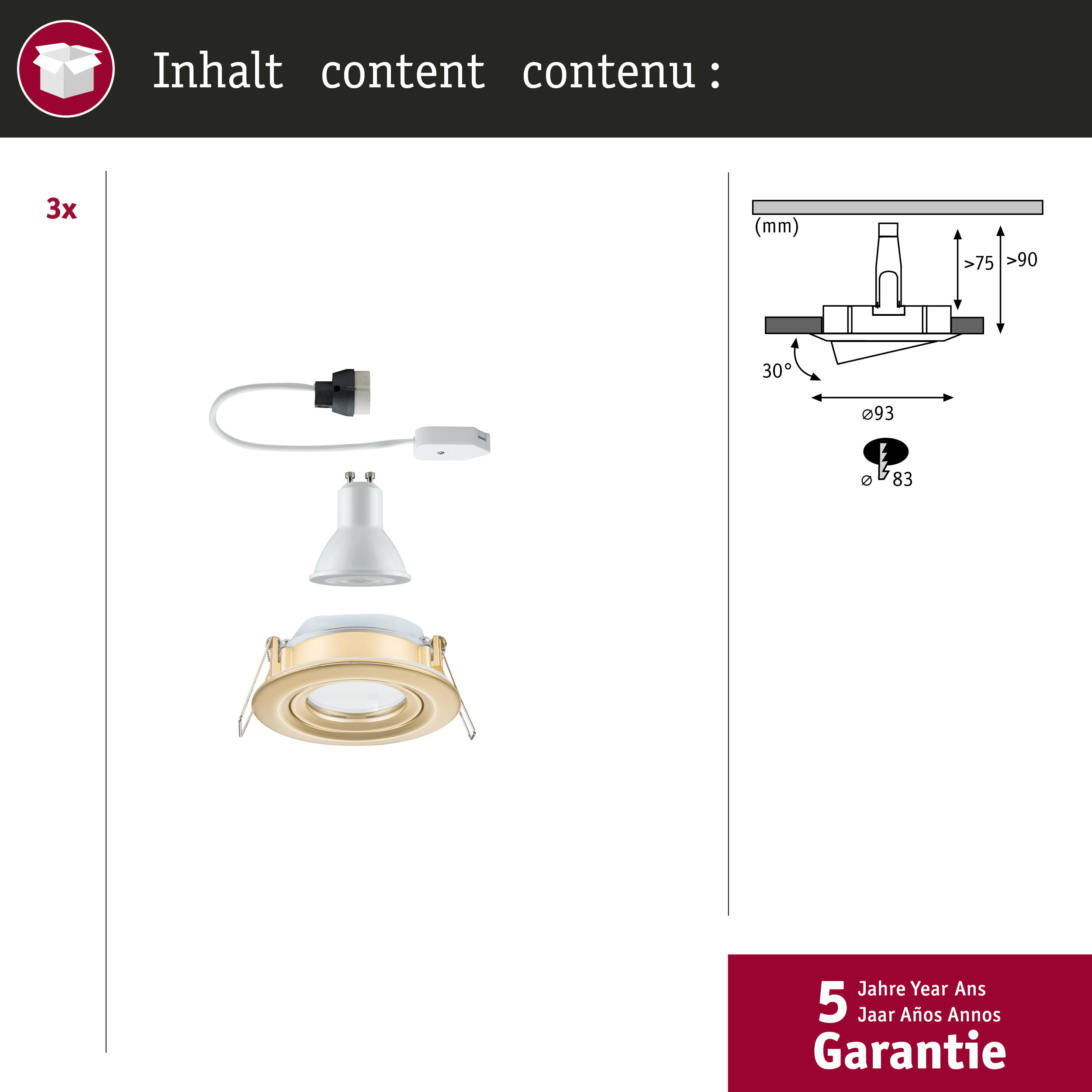 Einbauleuchte mit Kabel, Netzteil und Montageanleitung. Maße angegeben.