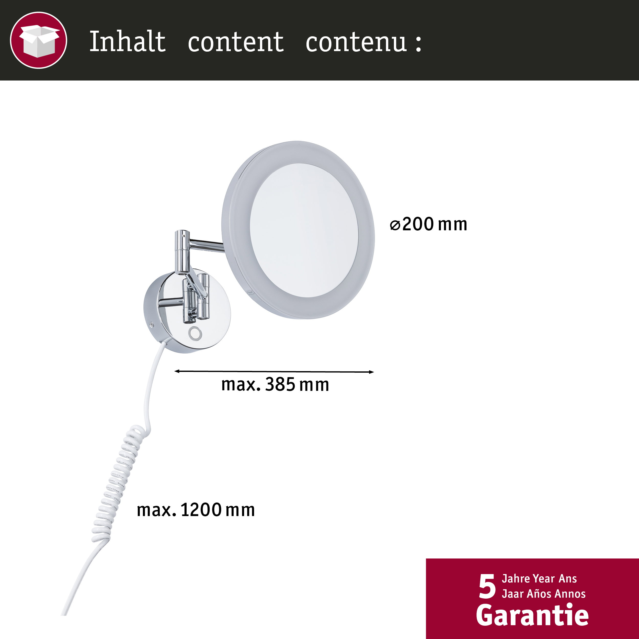 Ein beleuchteter Kosmetikspiegel mit ausziehbarem Arm und Kabel.