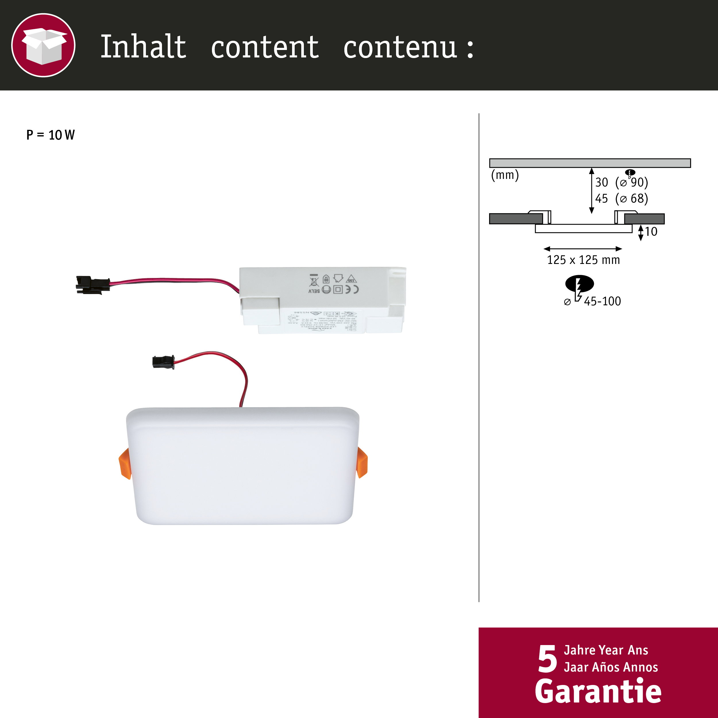 Ein weißes LED-Panel mit orangefarbenen Clips und einem Netzteil, Maße 125x125mm.