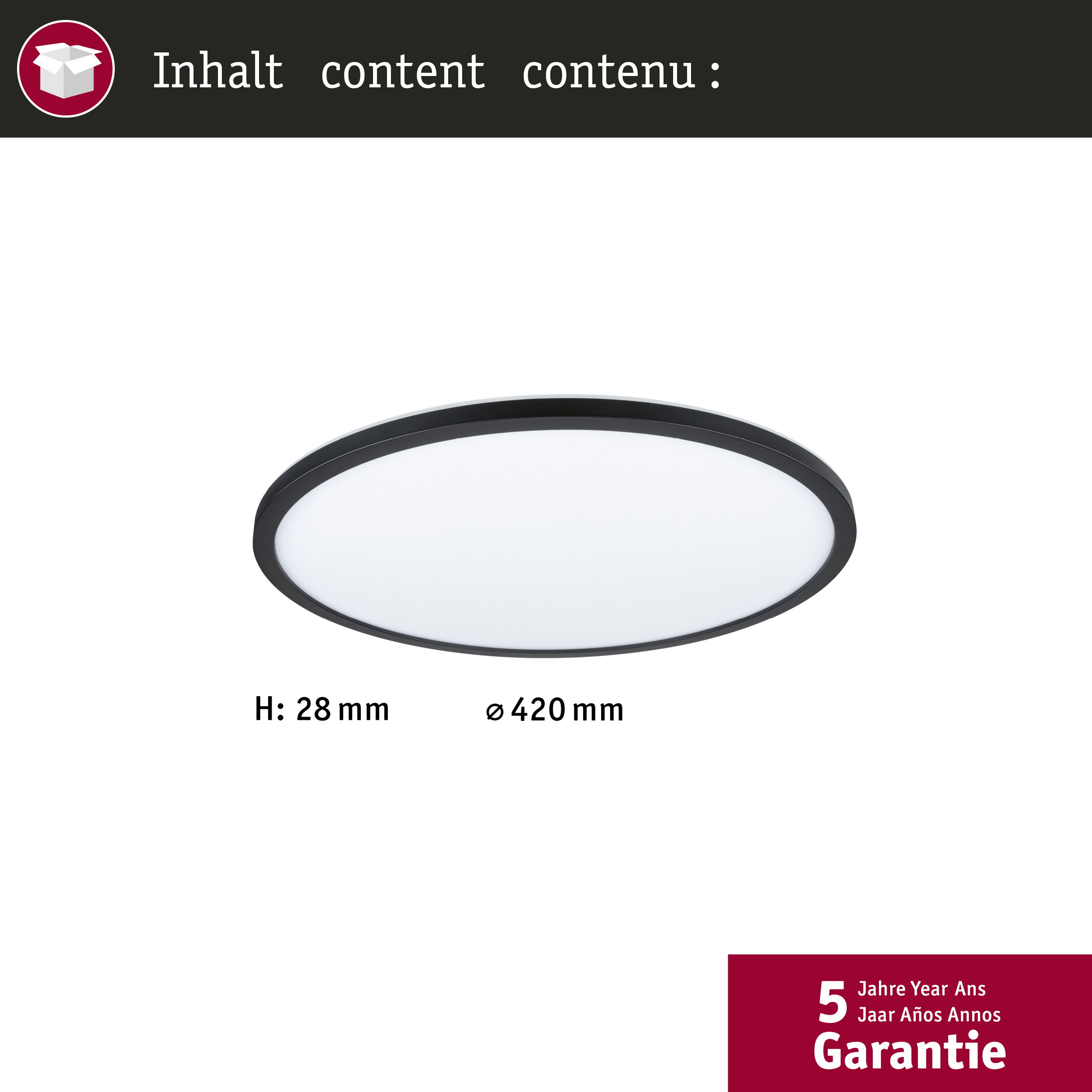 Una plafoniera rotonda con bordo nero, H: 28mm, Ø: 420mm.