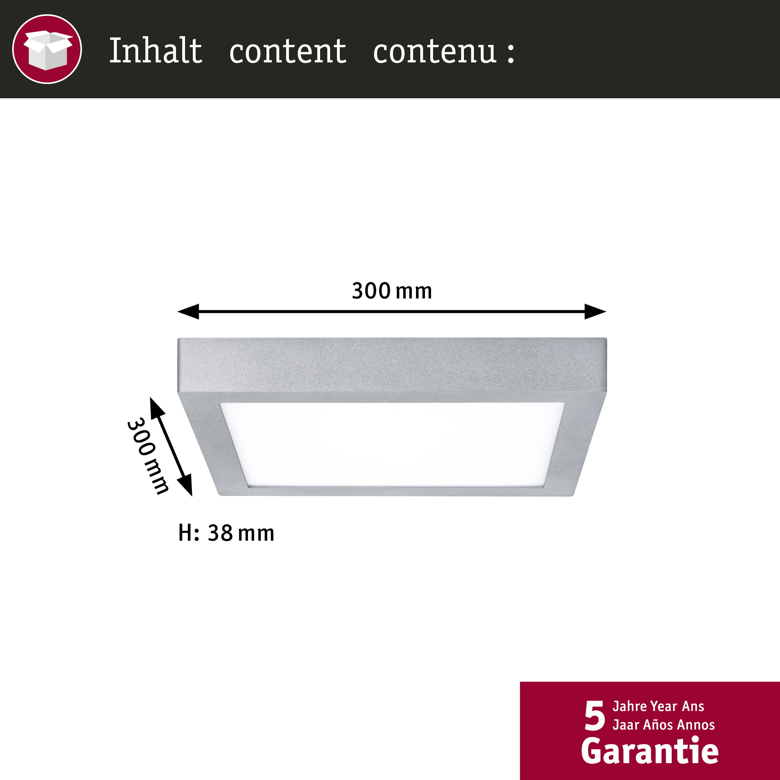 Luce quadrata argentata, 300x300x38 mm. Garanzia 5 anni.