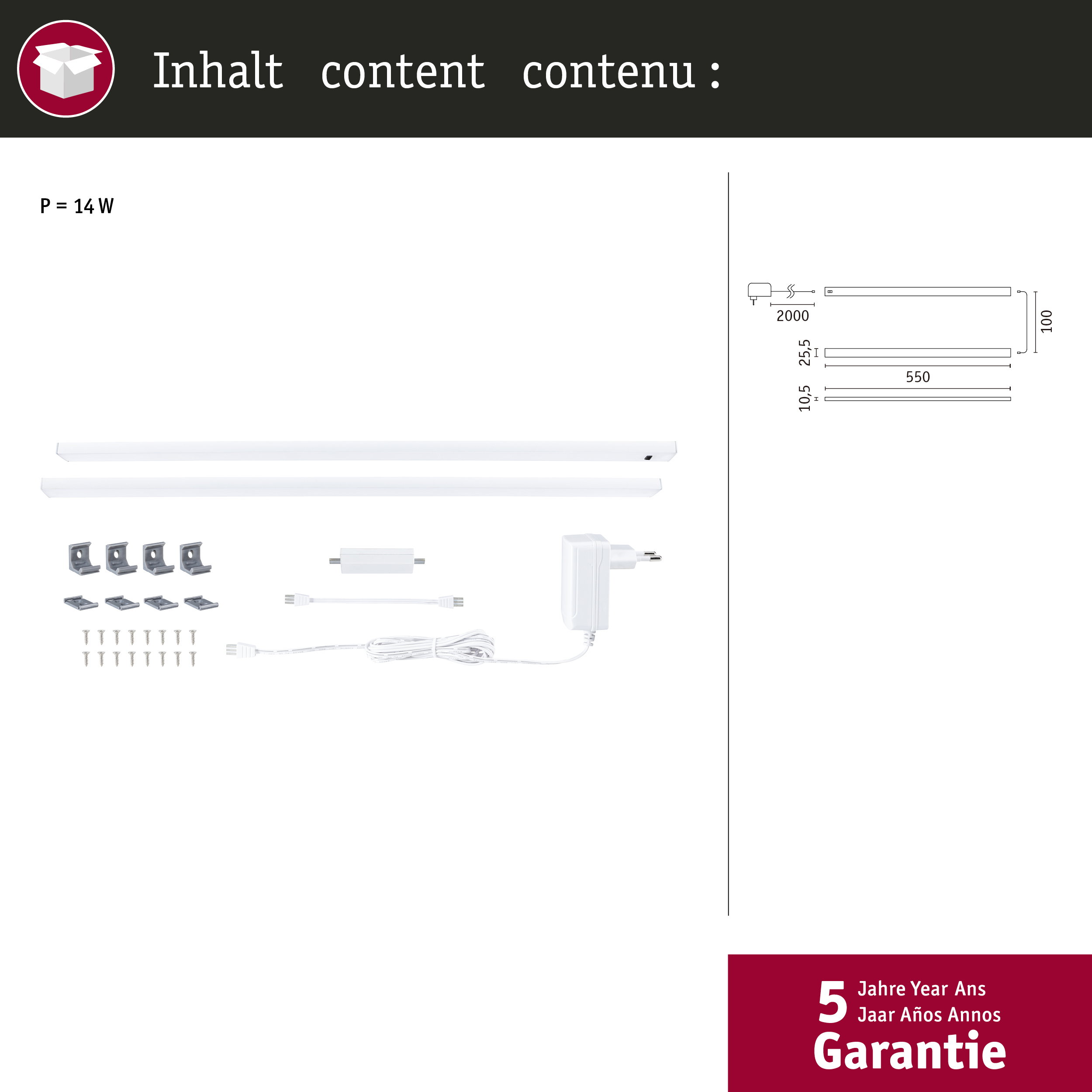 Zwei weiße LED-Röhren, Halterungen, Schrauben, Netzteil und Kabel.