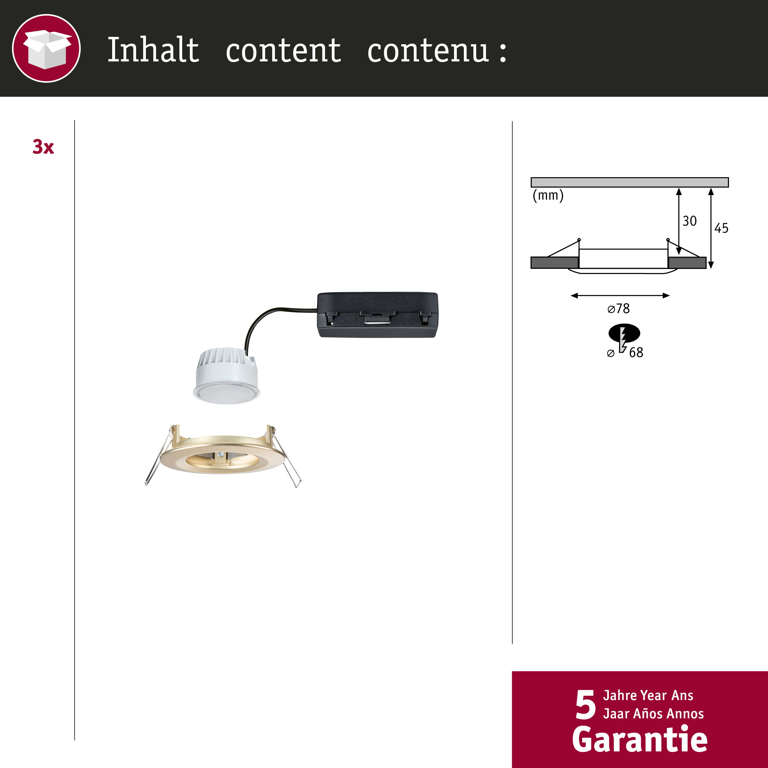 Einbaustrahler mit Treiber, Maße und Garantieangabe.