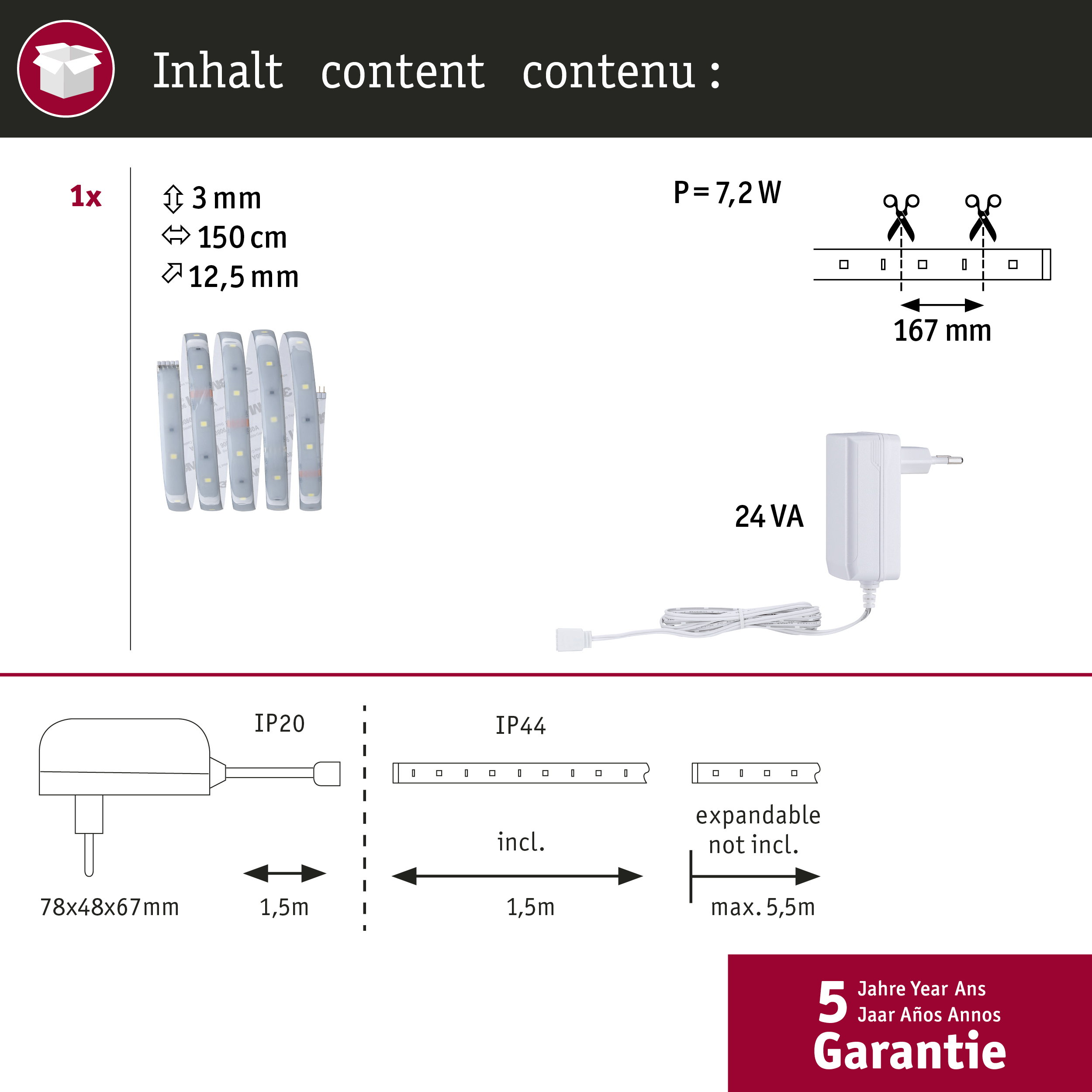 Technische Zeichnung einer LED-Lichtleiste mit Netzteil und Zubehör.