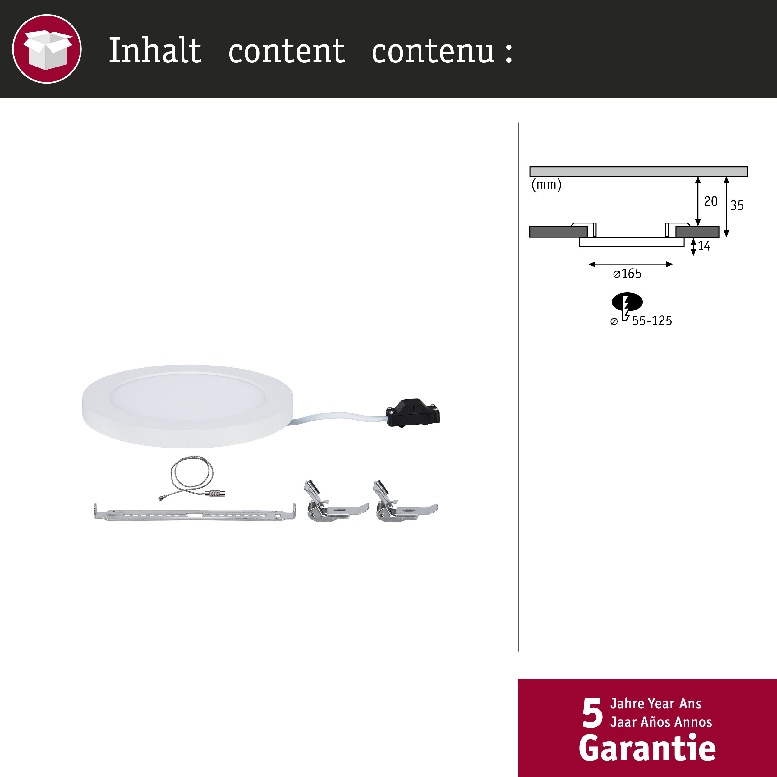 Un pannello LED rotondo bianco con accessori e dimensioni tecniche.