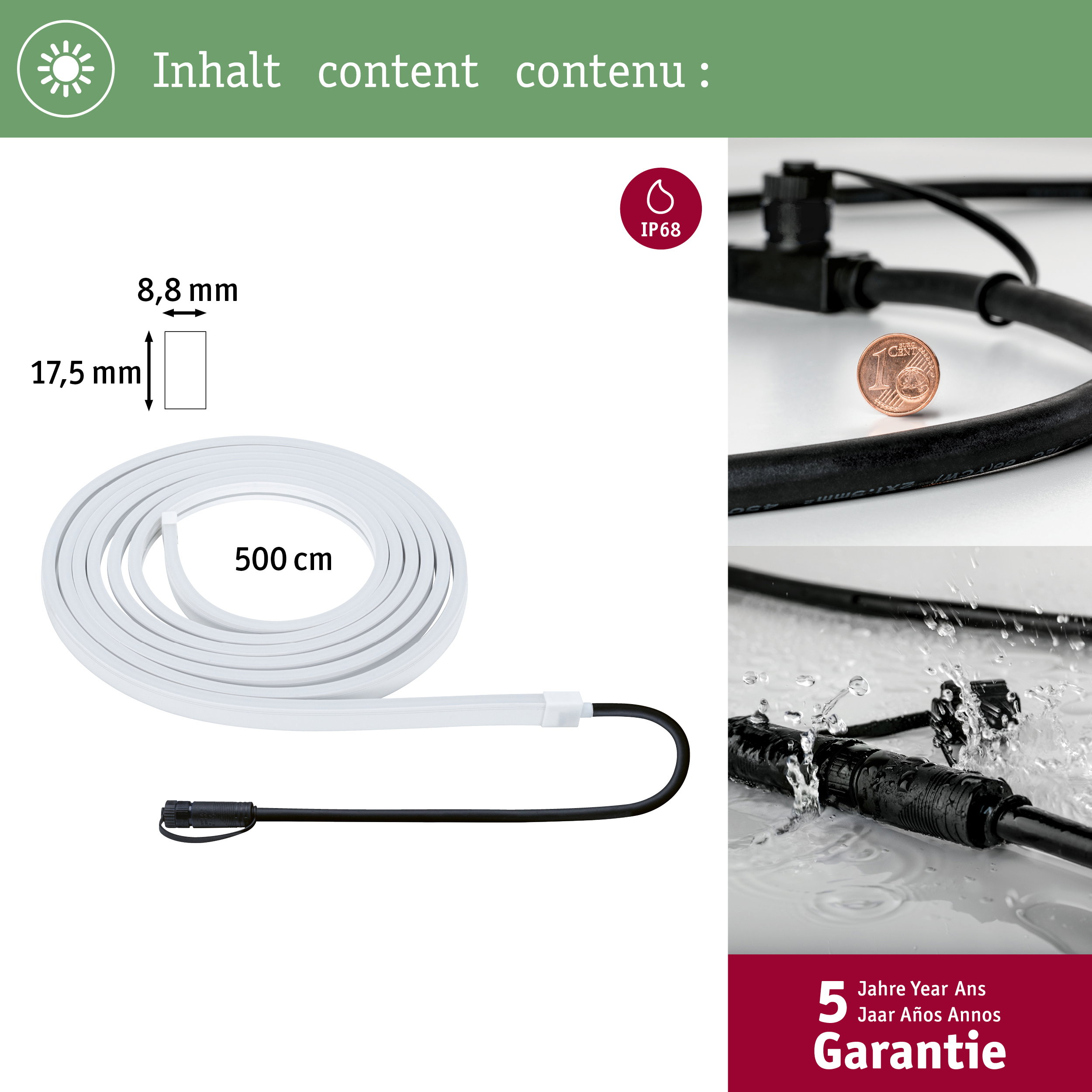 Ein weißes LED-Band, 500 cm lang, mit schwarzen Kabeln und einer 1-Cent-Münze daneben.