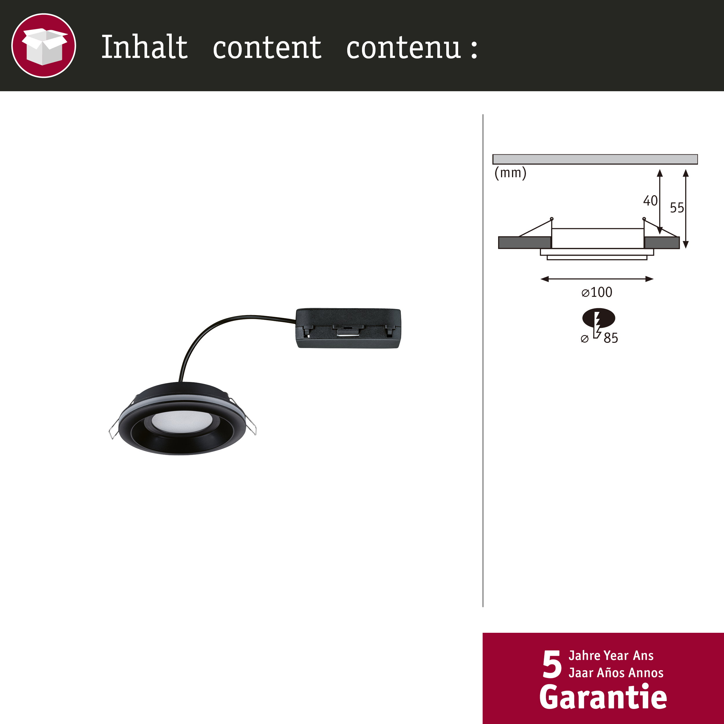 Lampa wpuszczana z puszką przyłączeniową i wymiarami technicznymi 100mm.