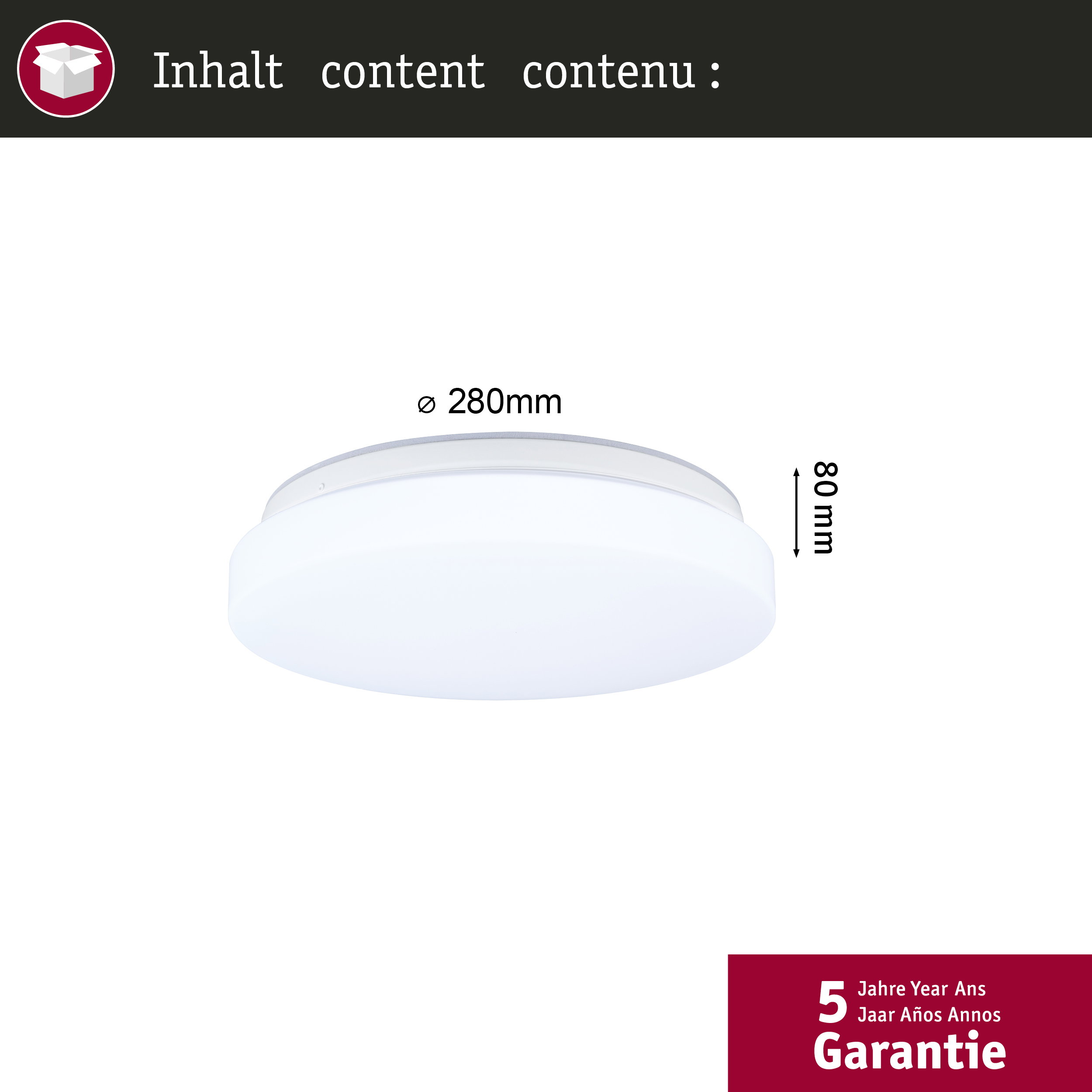 Weiße Deckenleuchte, 280mm Durchmesser, 80mm Höhe. 5 Jahre Garantie.