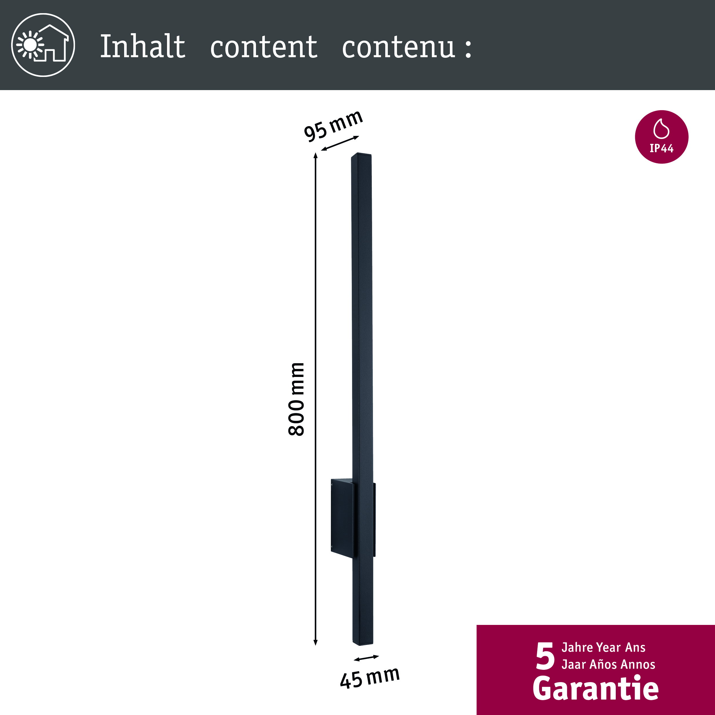 Lampada da parete nera lunga (800x95x45mm) con grado IP44 e garanzia 5 anni.