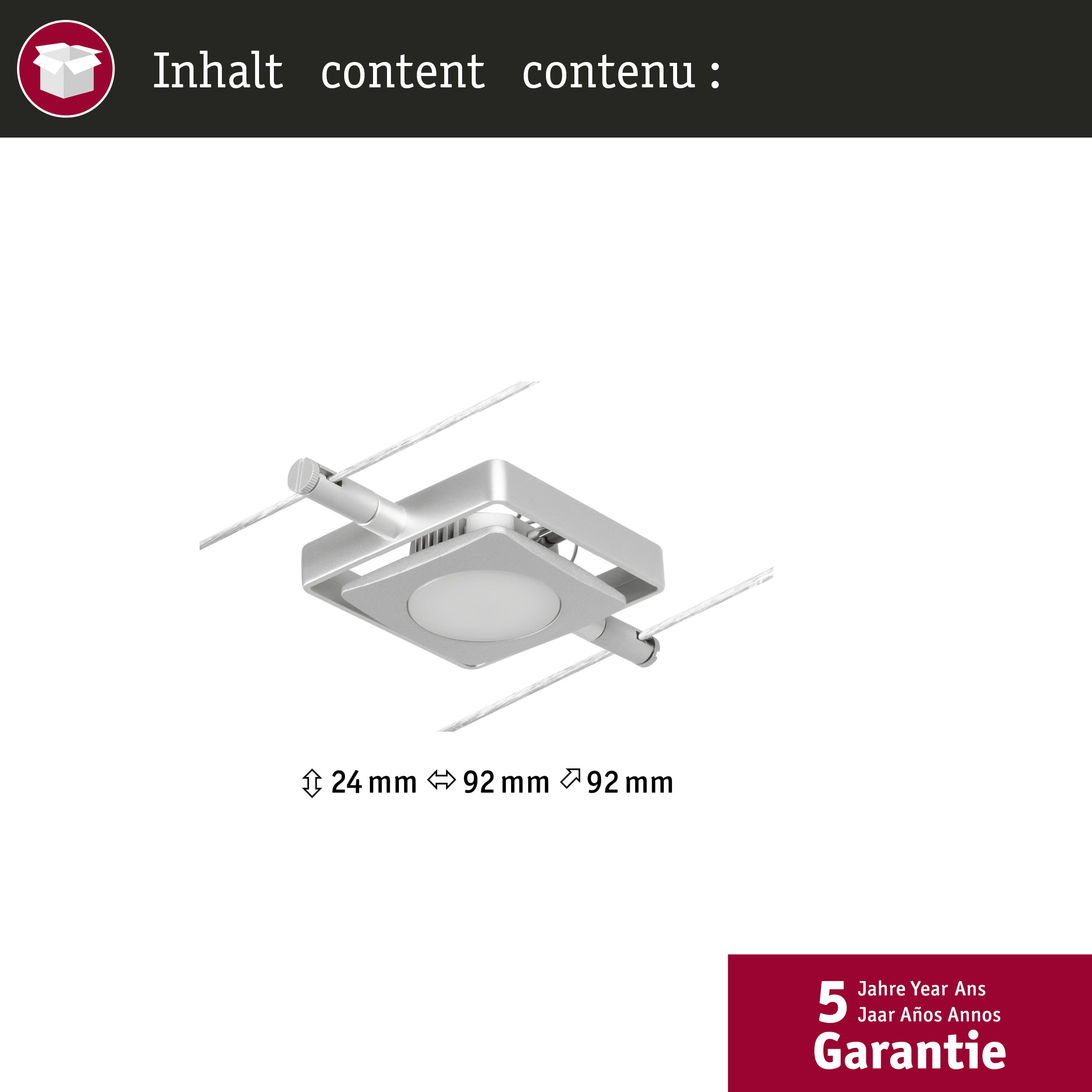 Lampada argentata con sospensione a cavo, dimensioni 24mm, 92mm, 92mm.
