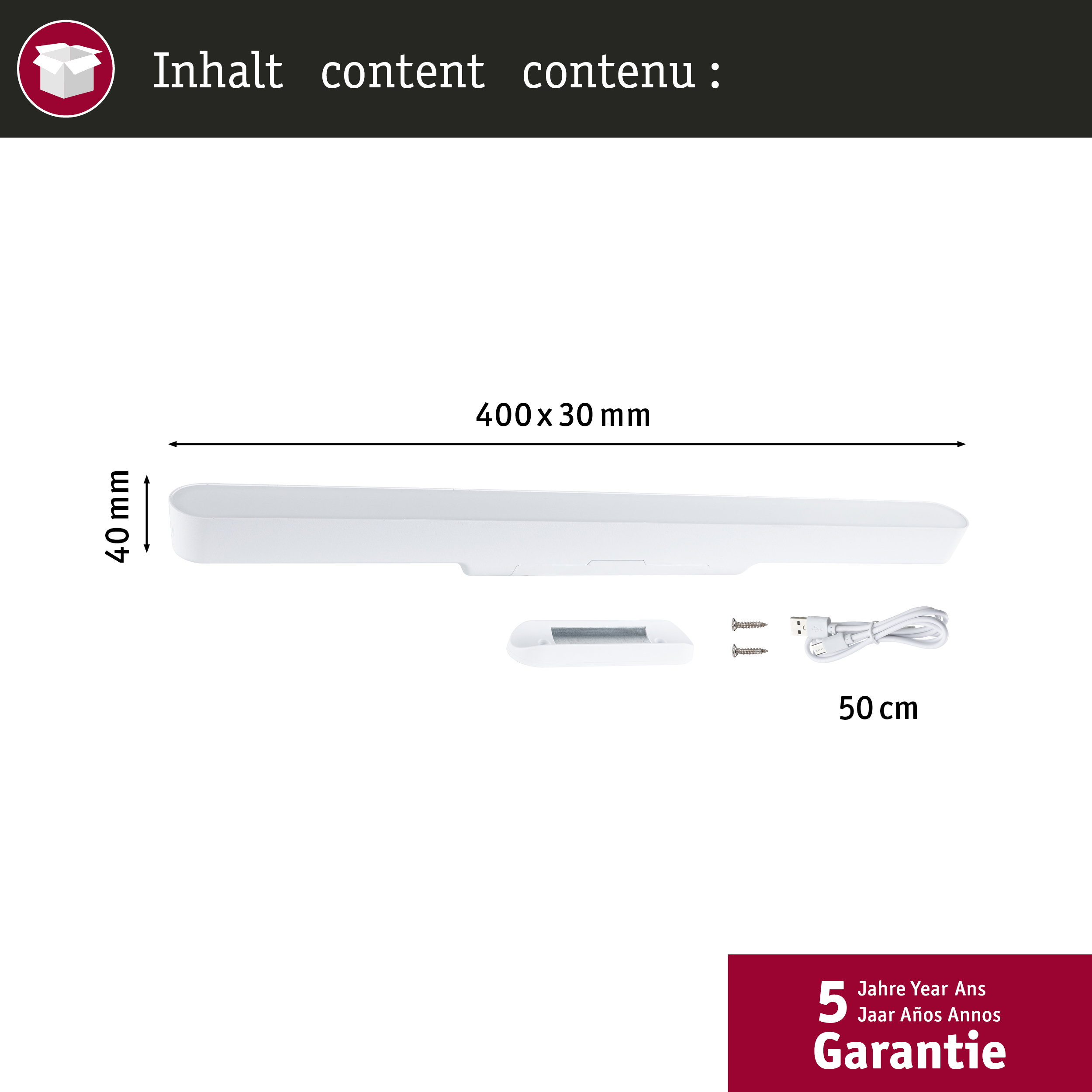 Weiße Leuchte 400x30mm, mit Halterung, Kabel, 2 Schrauben. 5 Jahre Garantie.