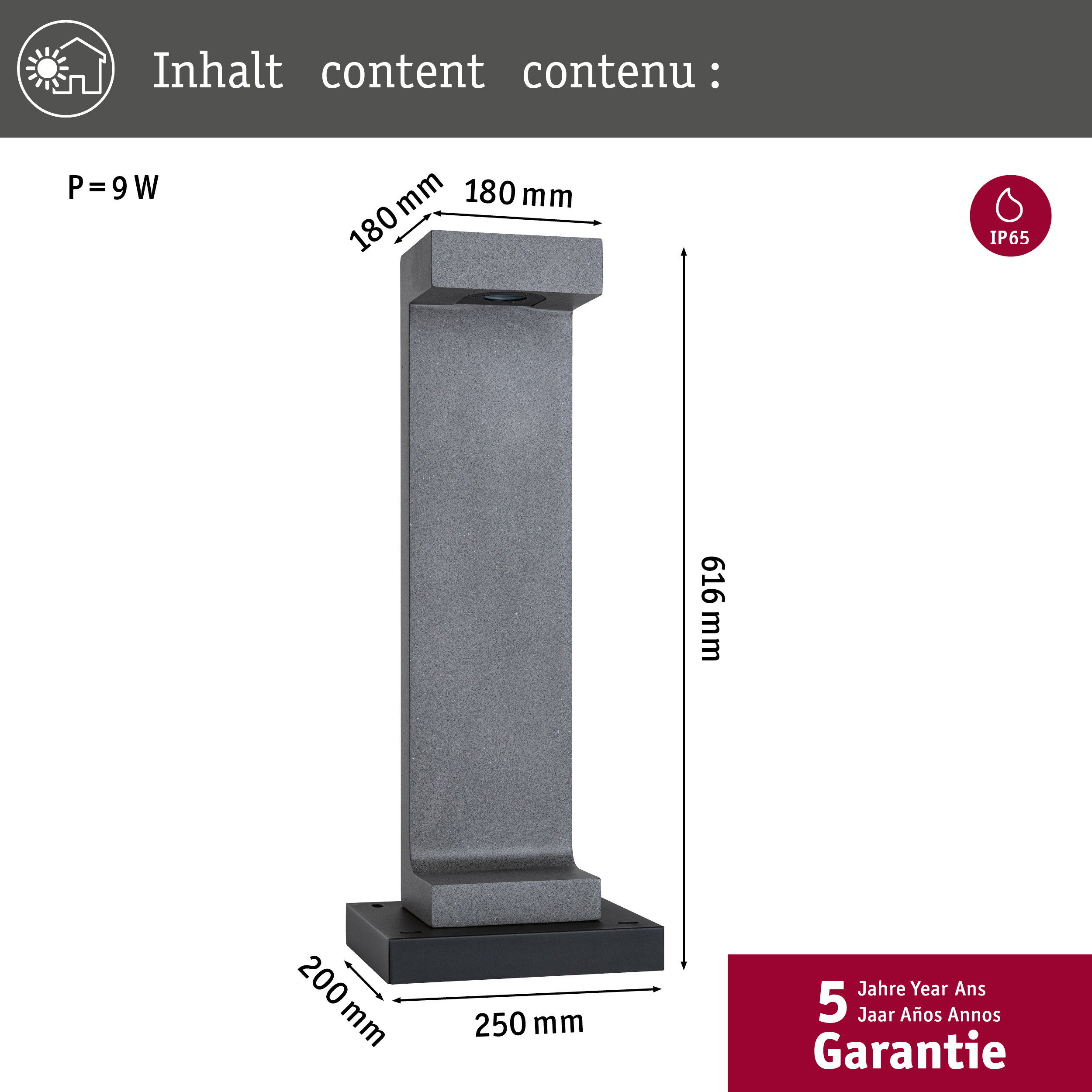 Szara lampa zewnętrzna, 9W, IP65. Wymiary: 180x250x616 mm.