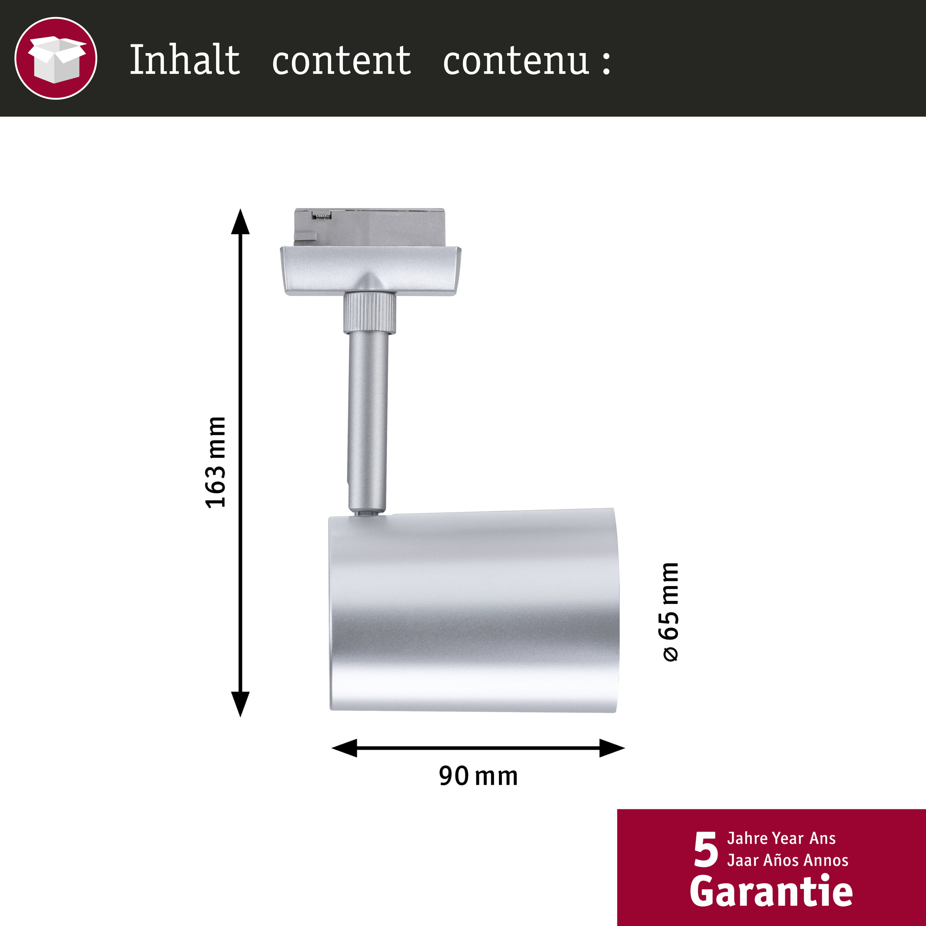 Silberne Leuchte mit Maßen 163x90x65mm und 5 Jahre Garantie.
