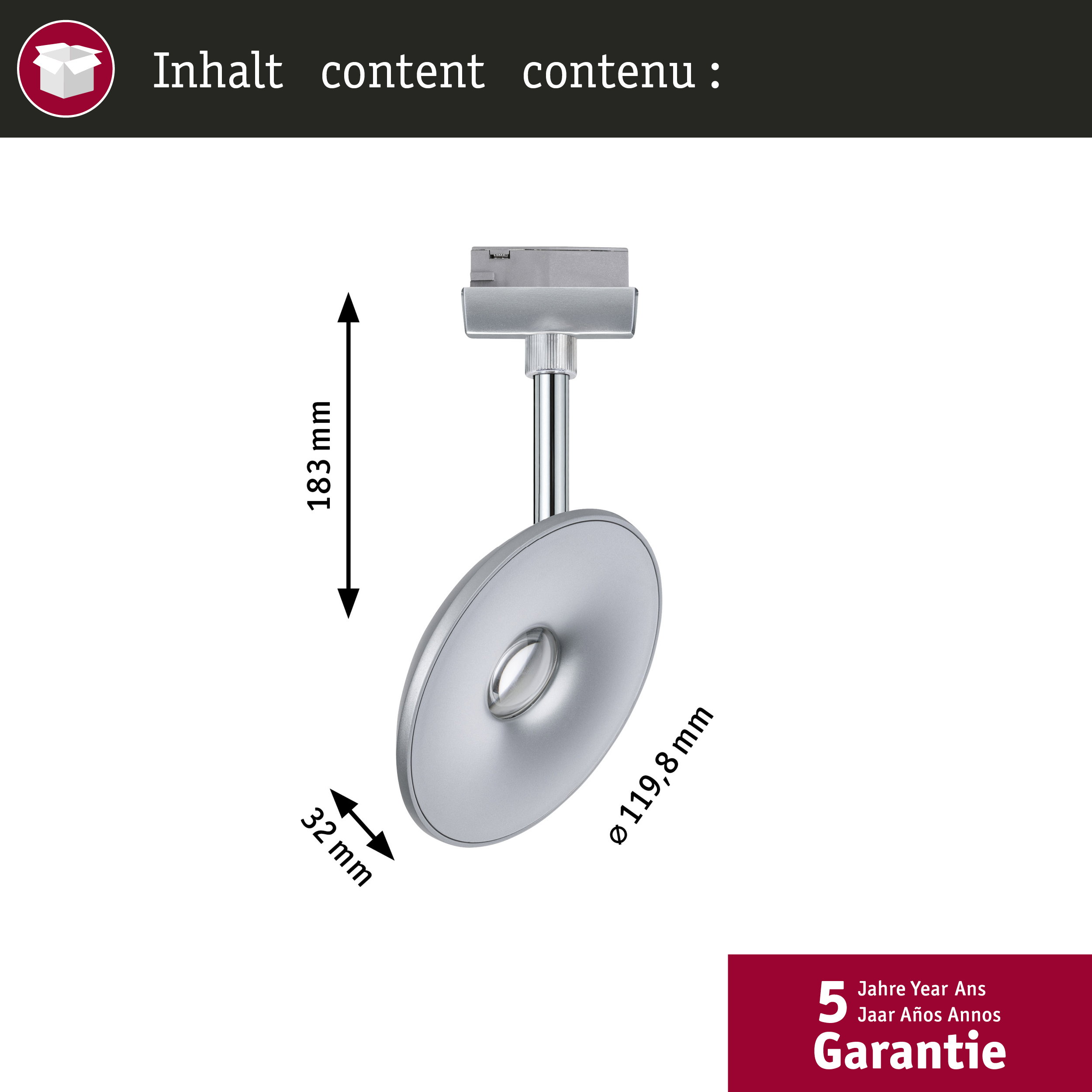 Silberne Lampe mit Maßen 183mm Höhe, 119.8mm Durchmesser. 5 Jahre Garantie.