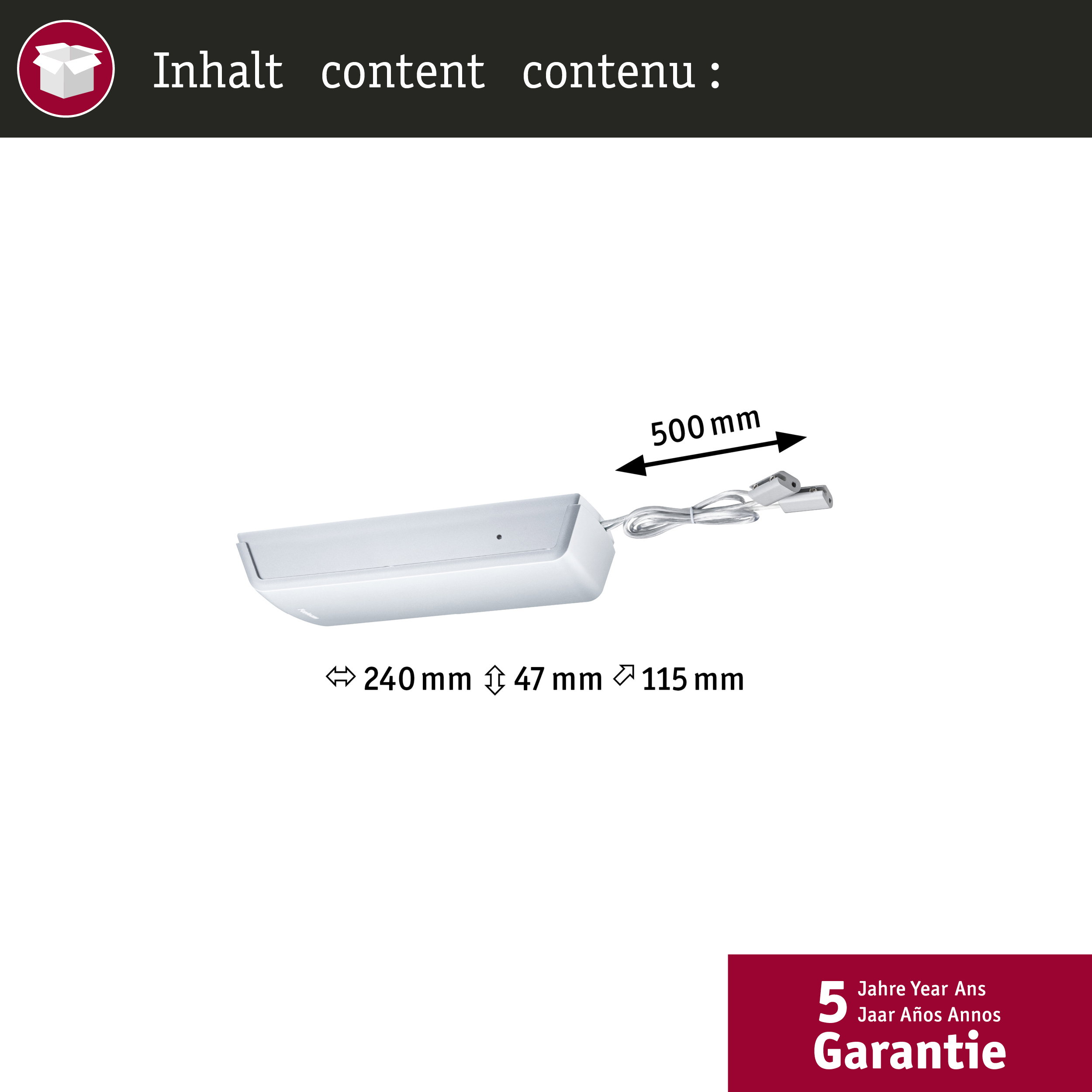 Dispositivo rettangolare bianco con dimensioni: 240 mm, 47 mm, 115 mm, 500 mm.