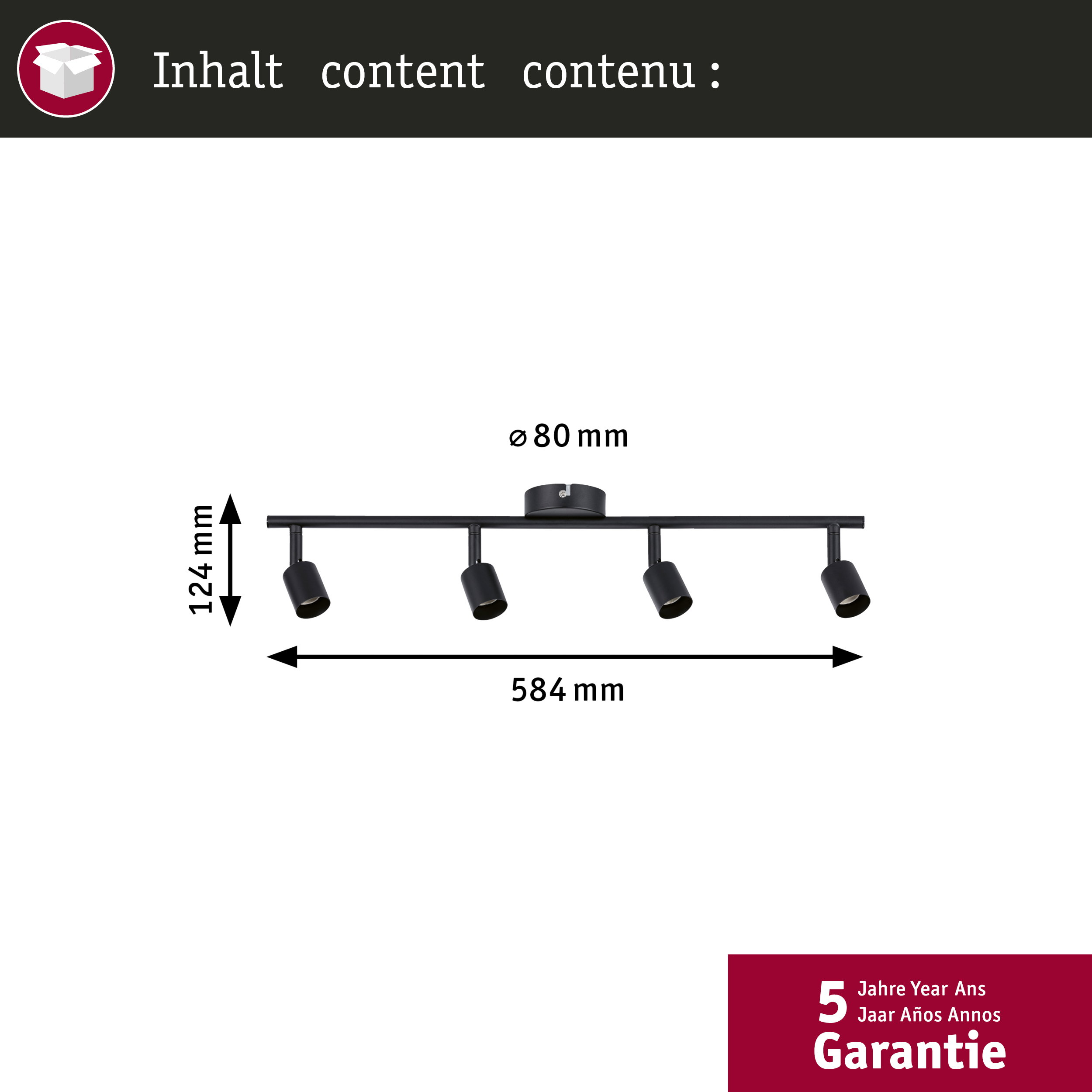 Czarna lampa sufitowa z czterema spotami, szerokość 584mm, wysokość 124mm, średnica 80mm.