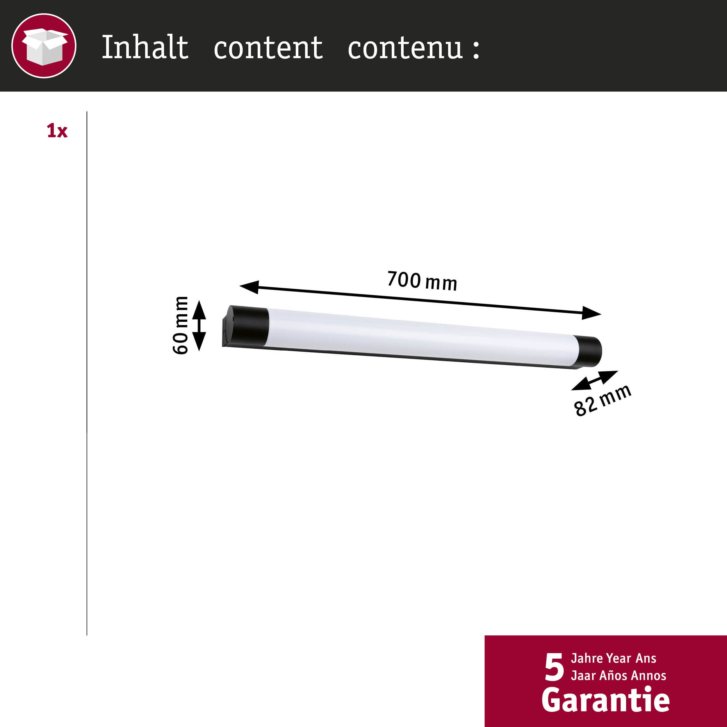 Lampa o długości 700 mm, średnicy 60 mm i szerokości 82 mm.