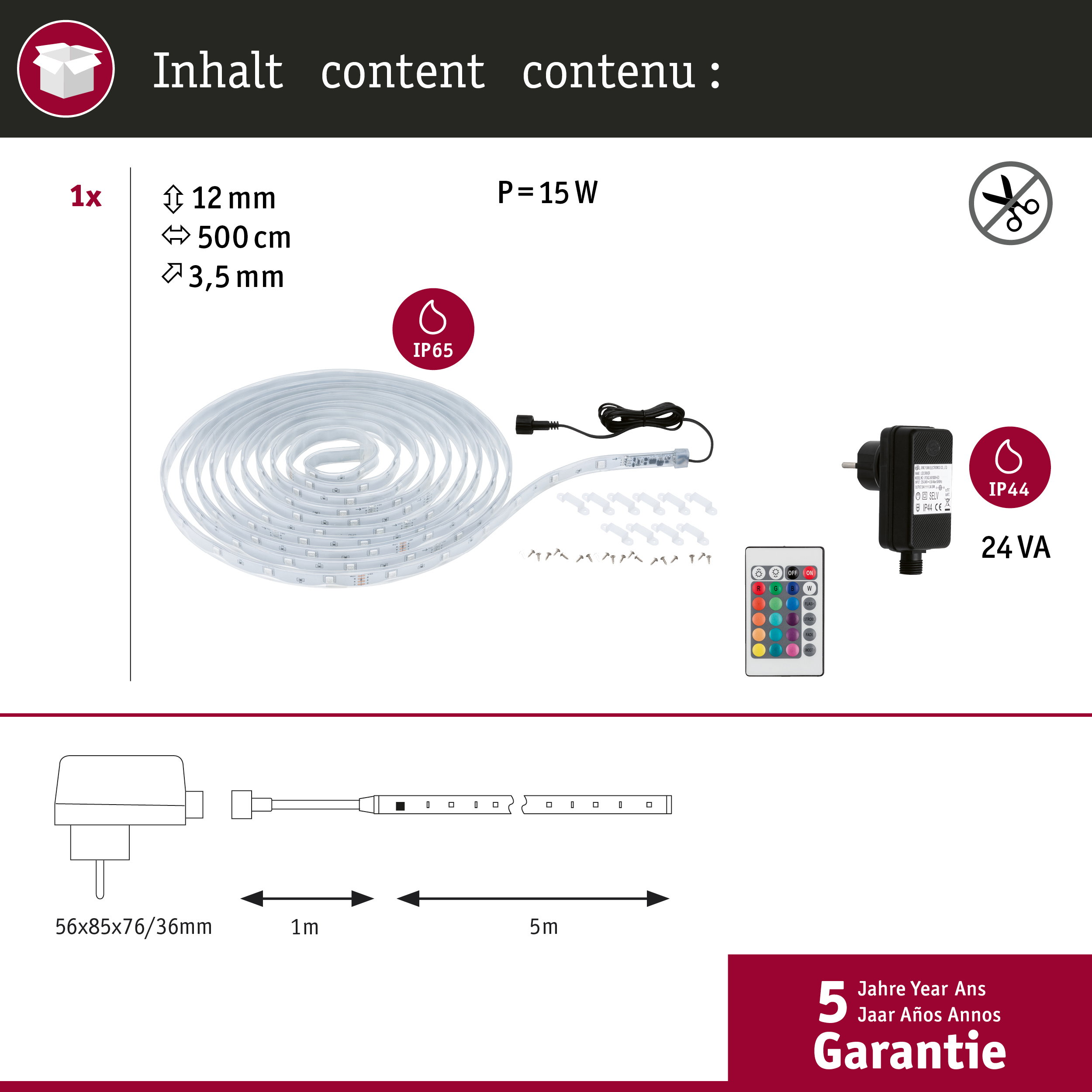 LED-Streifen mit Fernbedienung, Netzteil und Befestigungsmaterial.