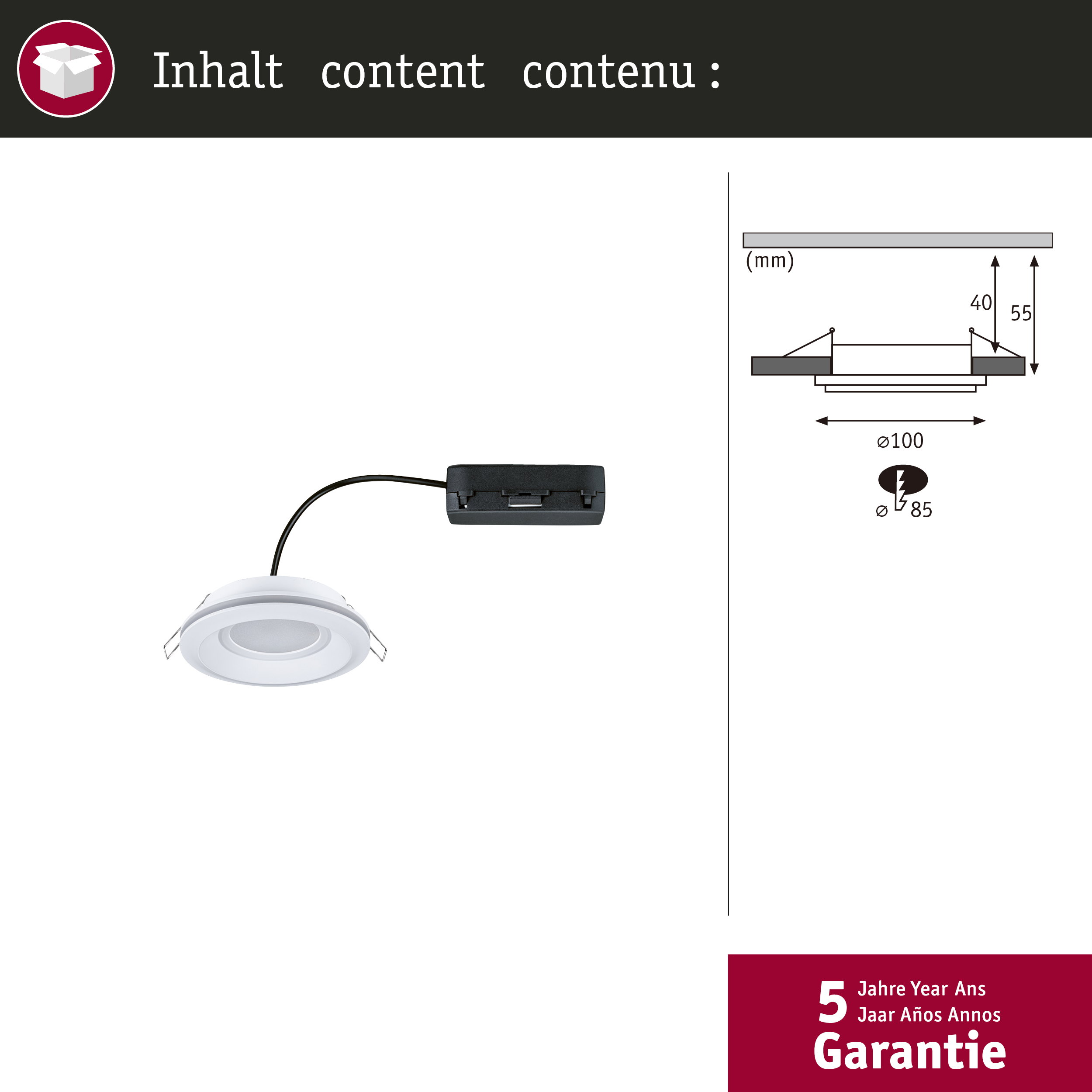 Lampa wpuszczana ze sterownikiem i wymiarami technicznymi.