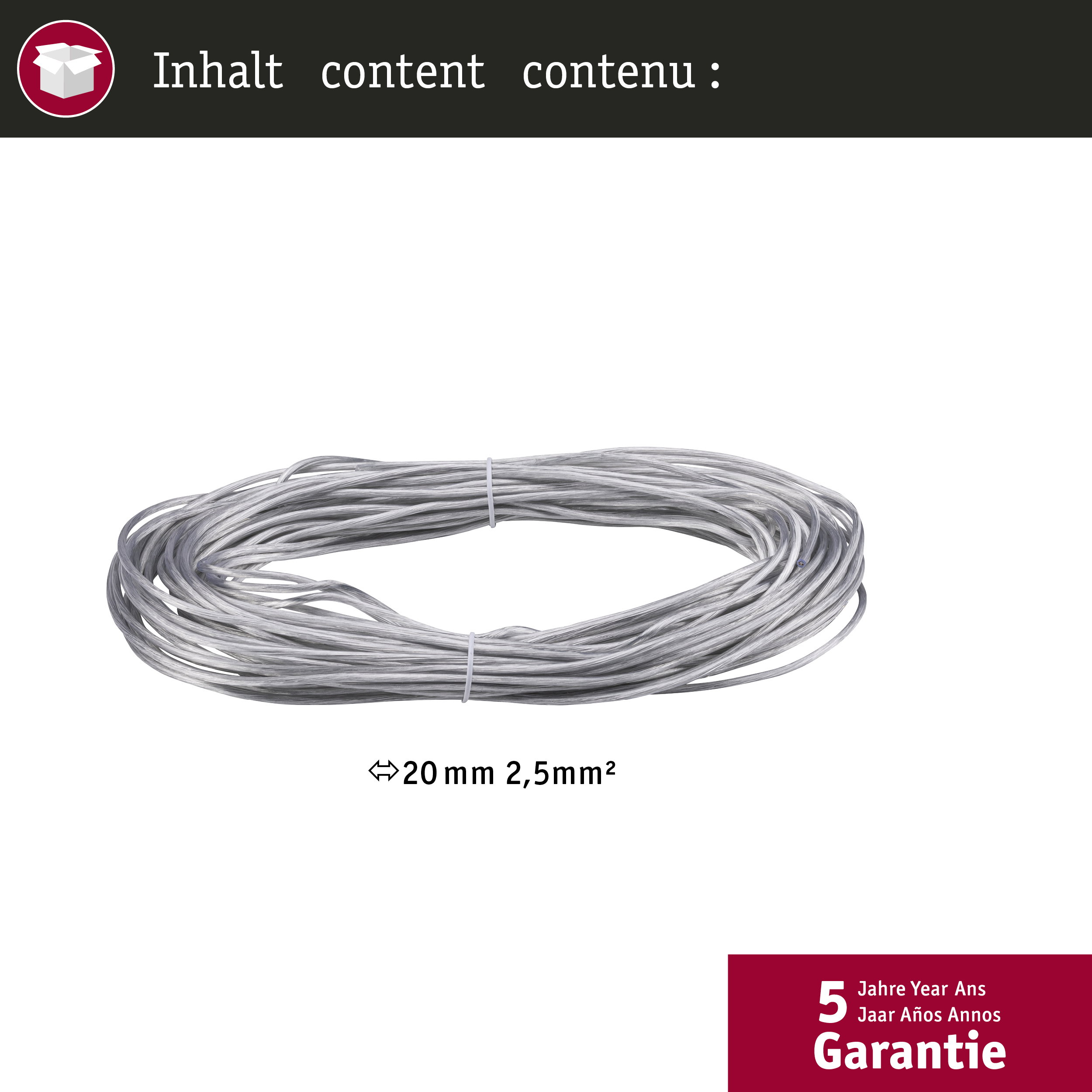 Cavo grigio arrotolato, diametro 20 mm, sezione 2,5 mm². Garanzia 5 anni.