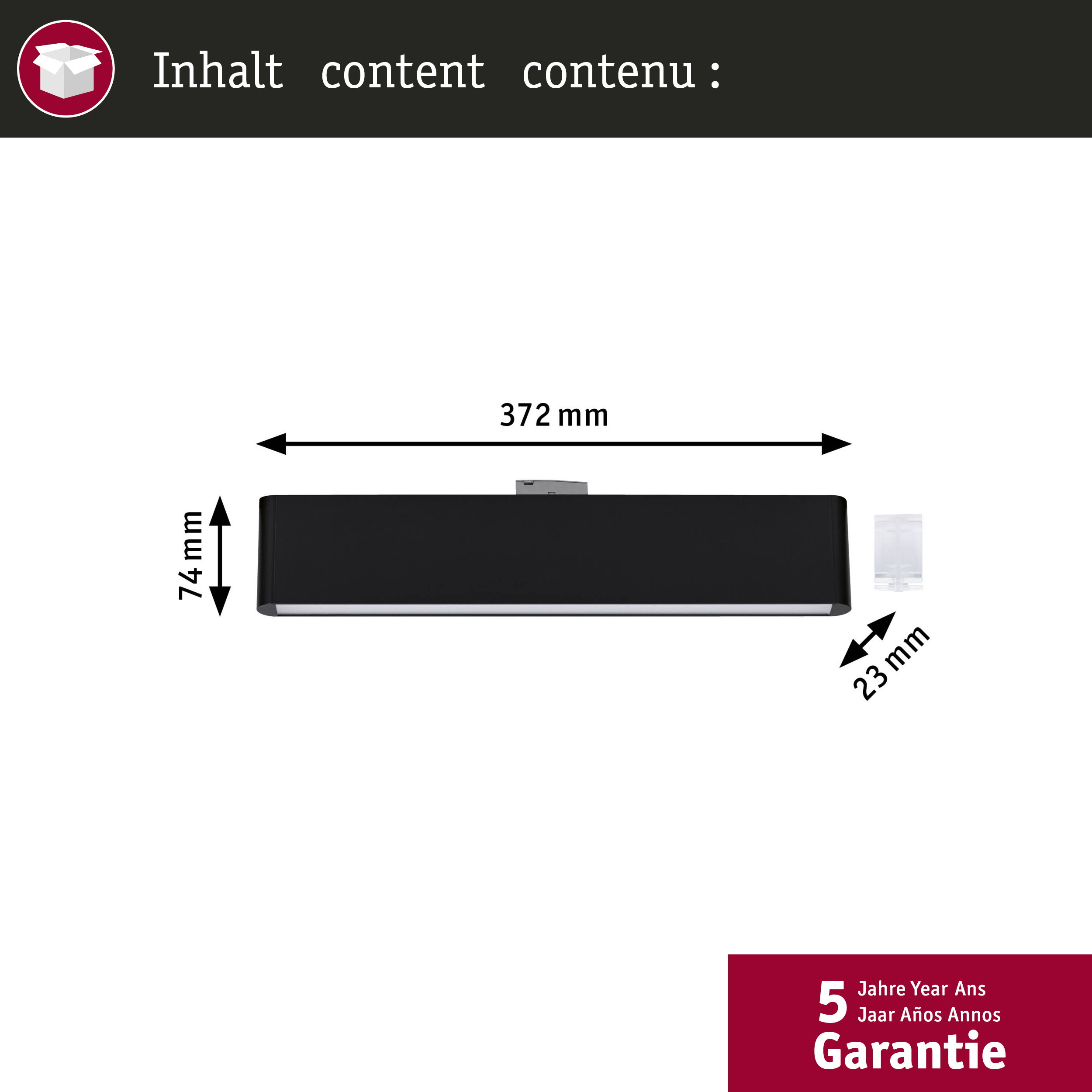Schwarzes Rechteck mit Maßen 372x74x23 mm. Enthält Garantie-Hinweis.