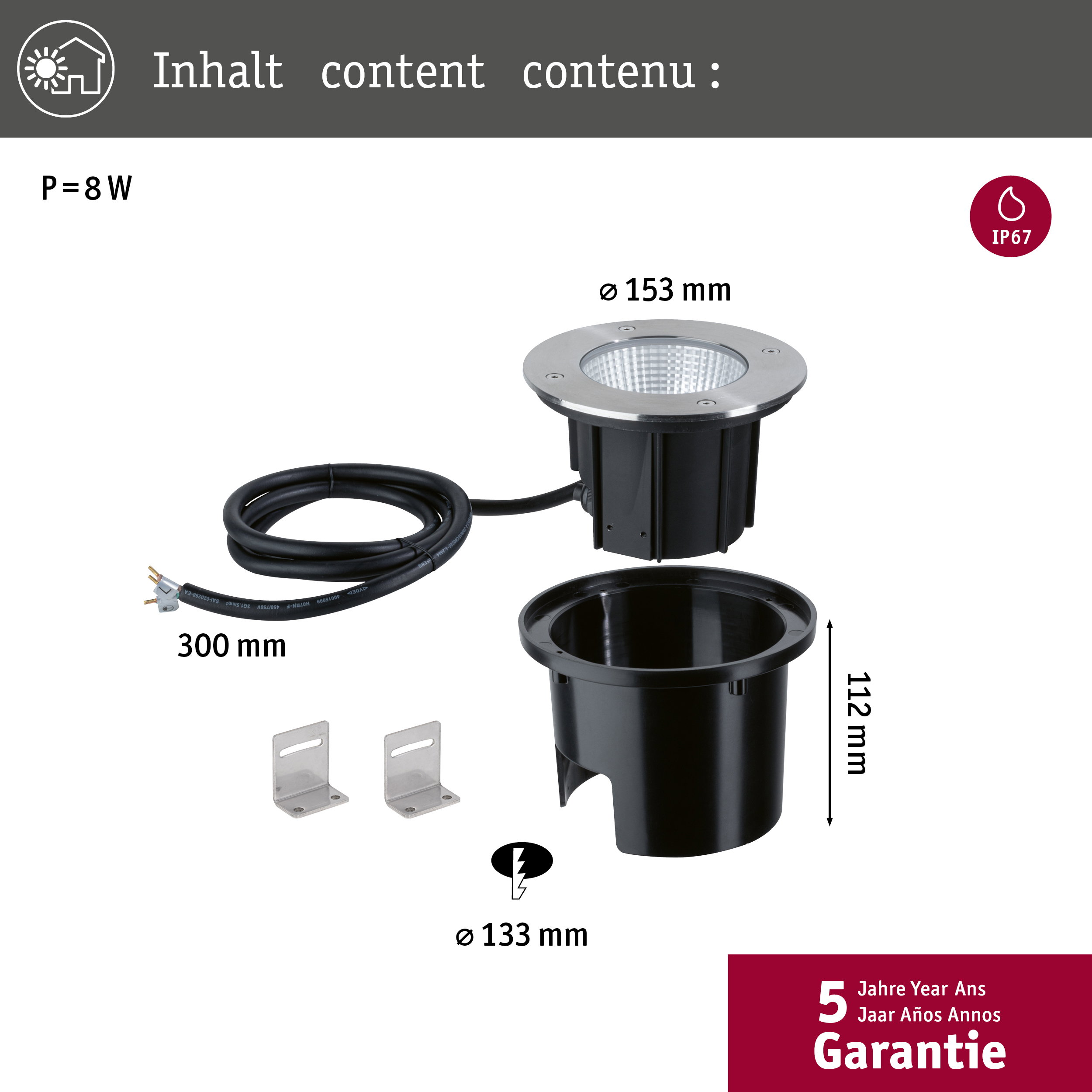 Oświetlenie LED wpuszczane 8W z obudową montażową, kablem i wspornikami.