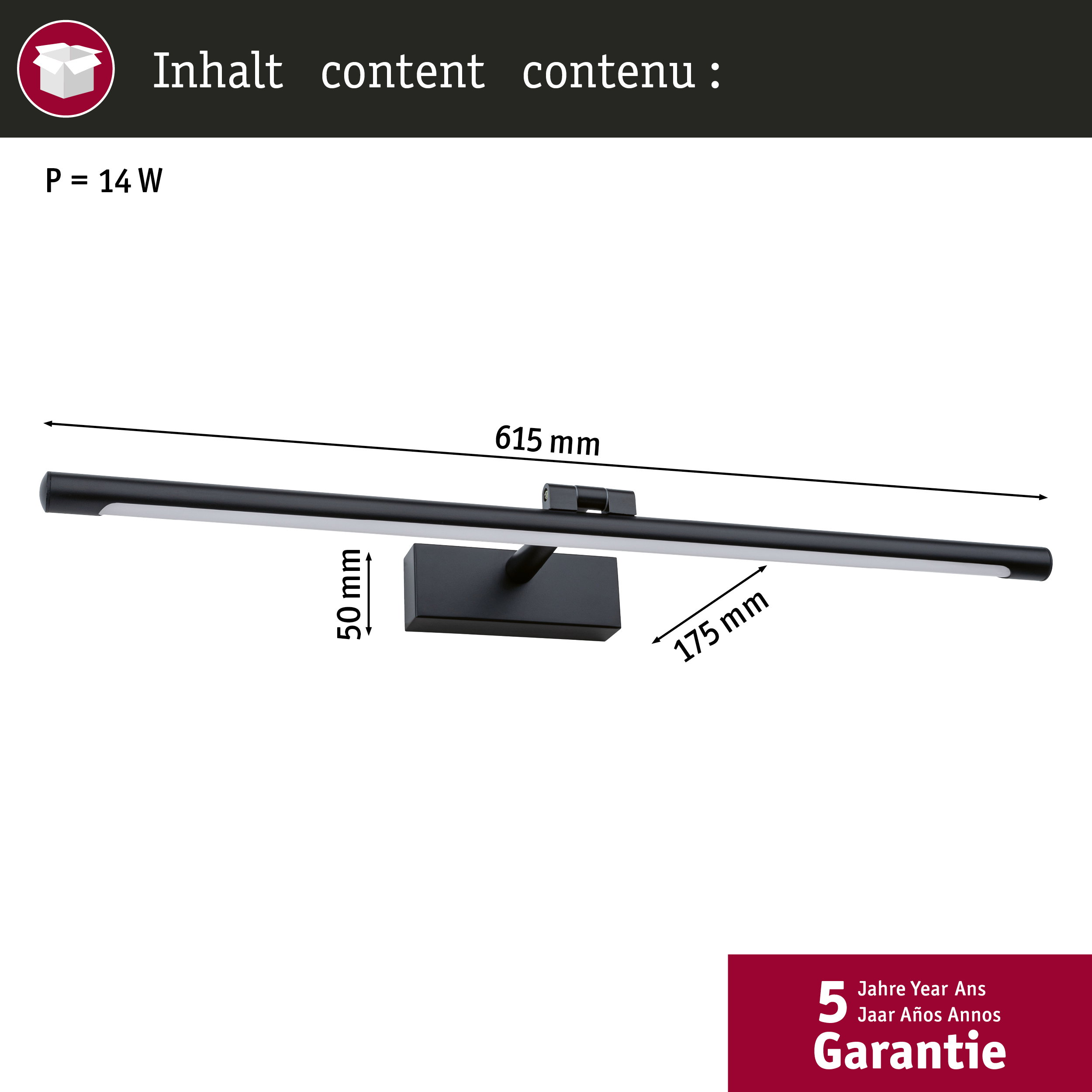 Schwarzer LED-Balken, 615mm lang, mit Halterung und Maßen.
