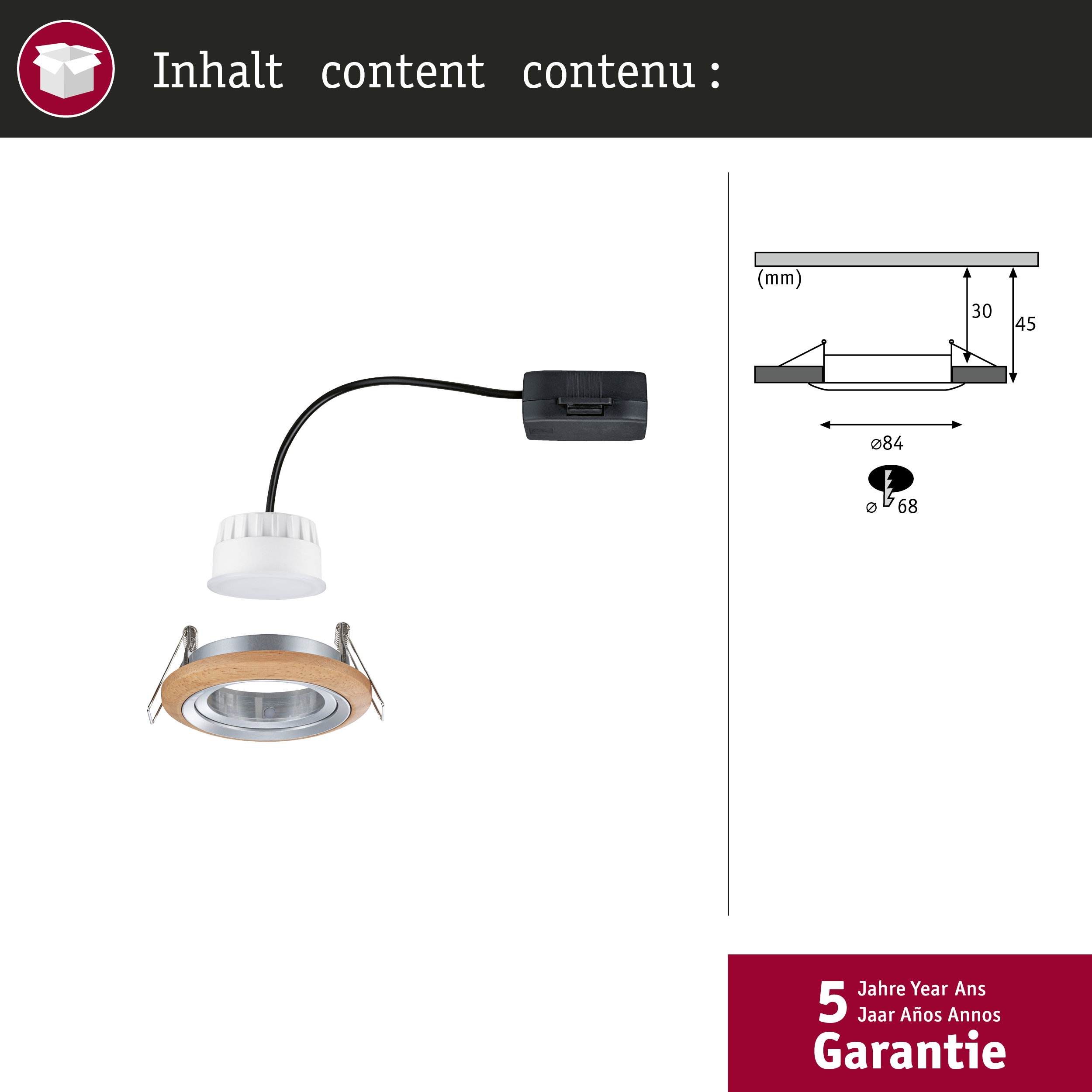Einbauleuchte mit Holzrahmen, Kabel und technischen Maßen.