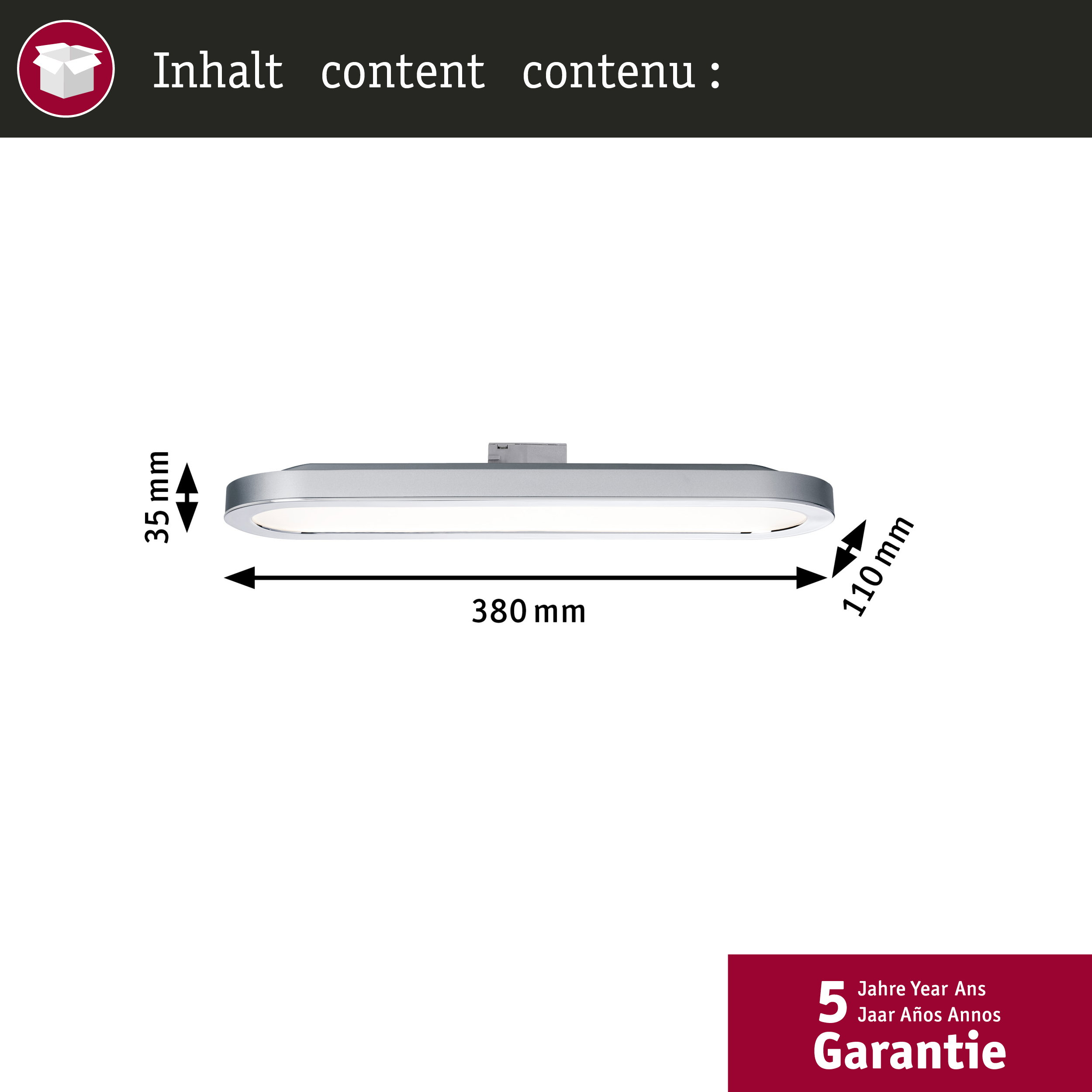 Una lampada argentata di 380x110x35 mm. Garanzia 5 anni.