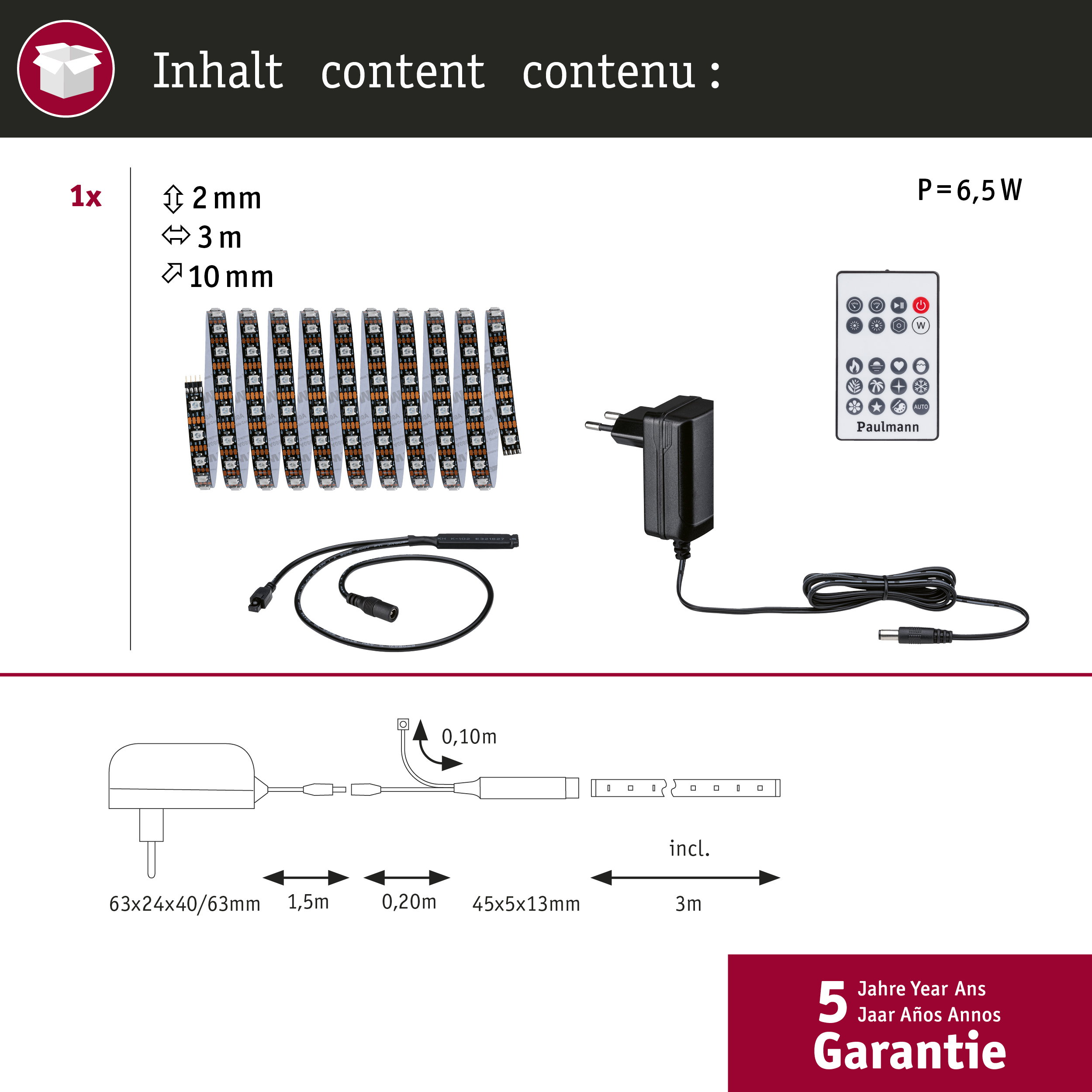LED-Streifen-Set mit Fernbedienung, Netzteil und Kabeln. Maße: 3m, 2mm/10mm.
