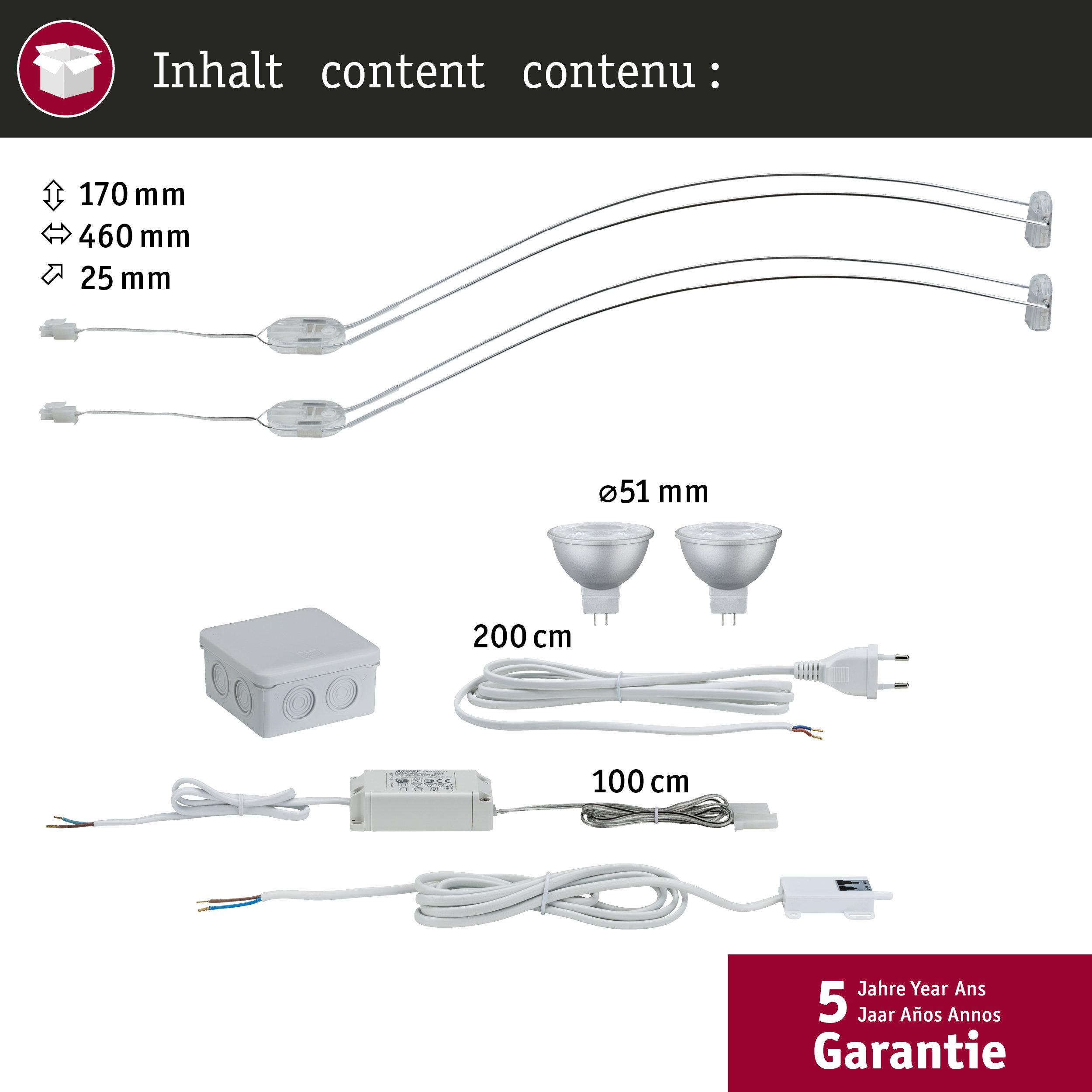 Inhalt: 2 LED-Leuchten, 2 Spots, 1 Verteilerdose, 1 Netzteil, 1 Stecker, Kabel.