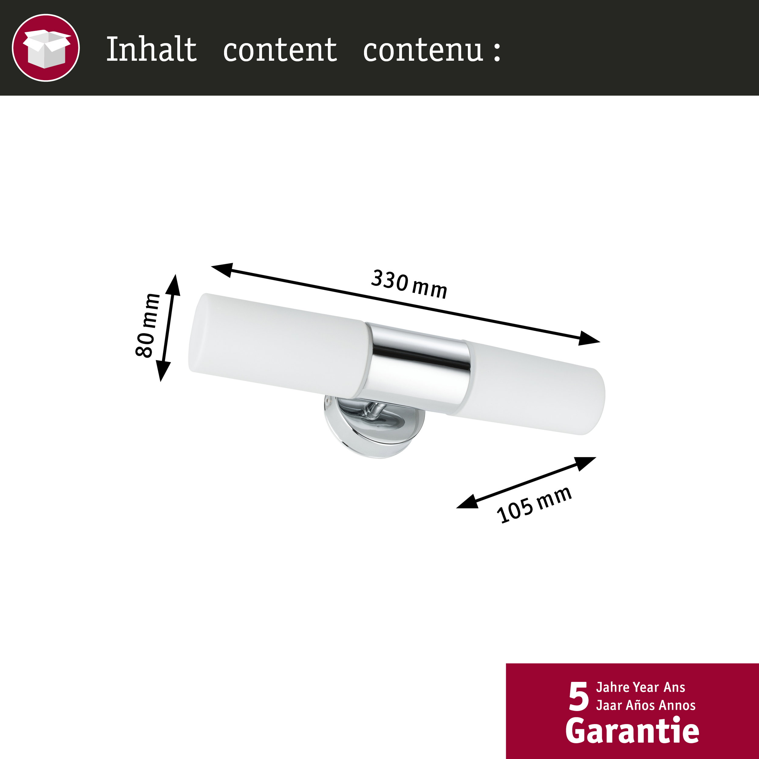 Lampada doppia con dimensioni 330x80x105mm e garanzia 5 anni.