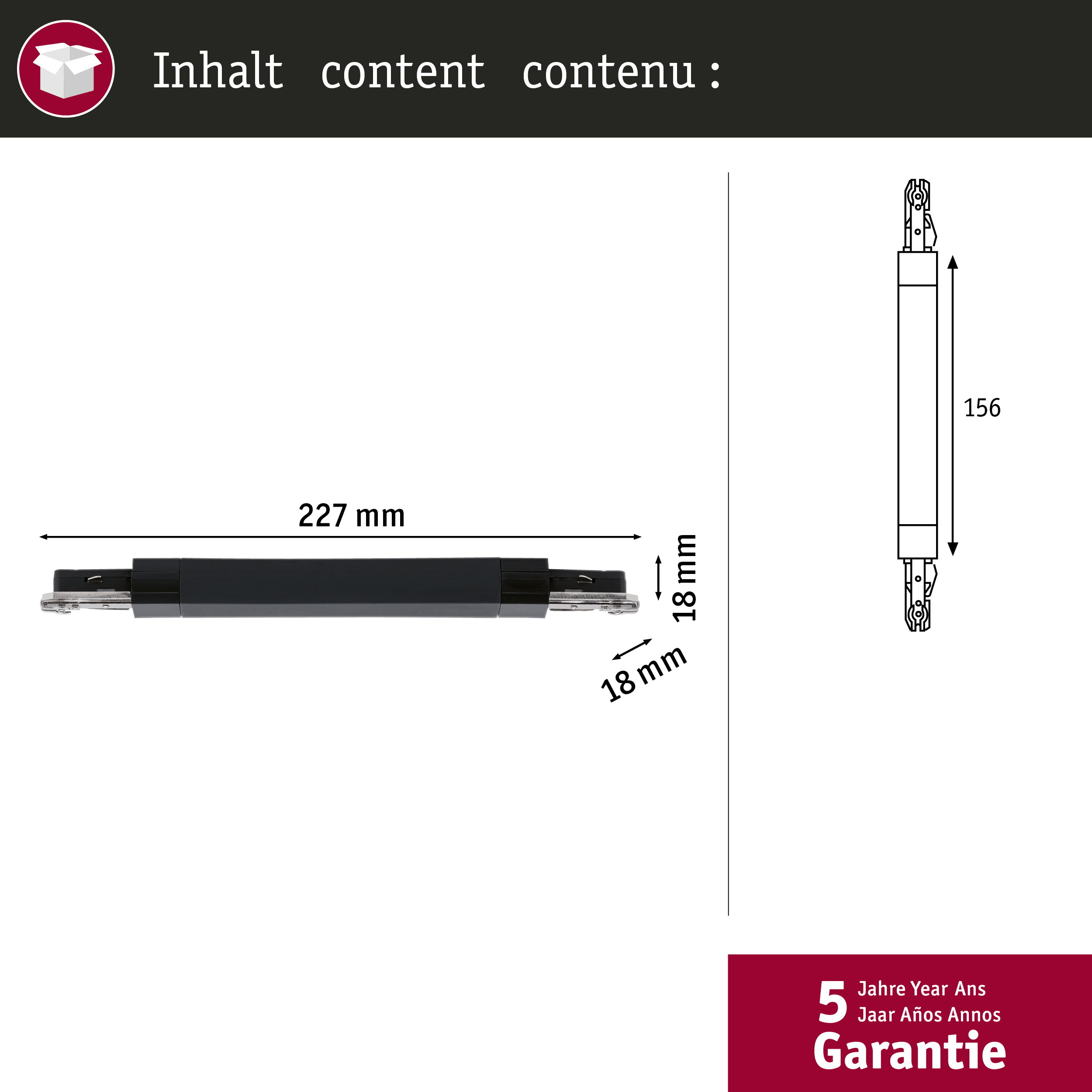 Eine schwarze Stange mit Maßen 227x18 mm und eine schematische Darstellung.
