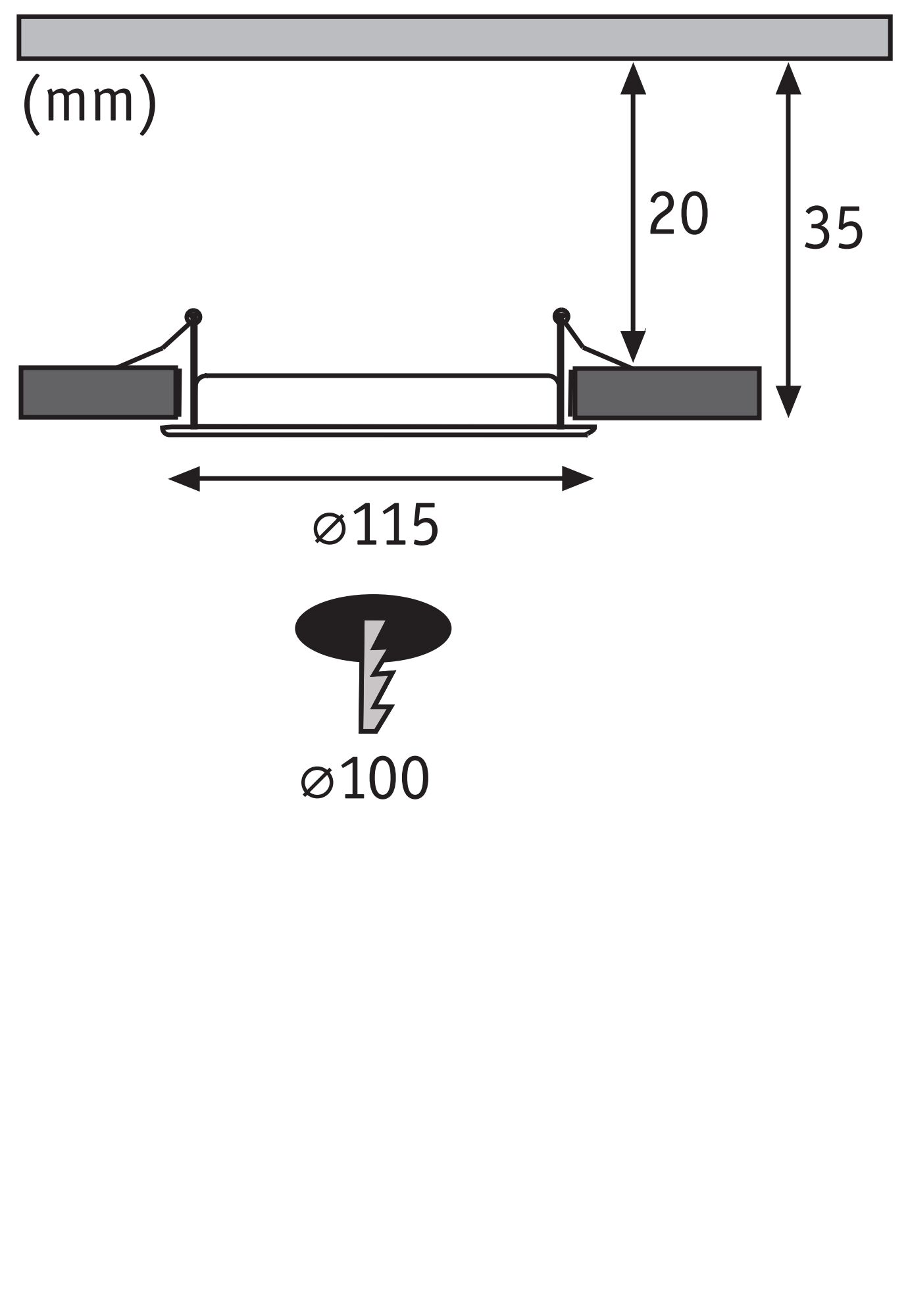 Technische Zeichnung mit Maßen für Einbau, Ø115mm und Ø100mm.