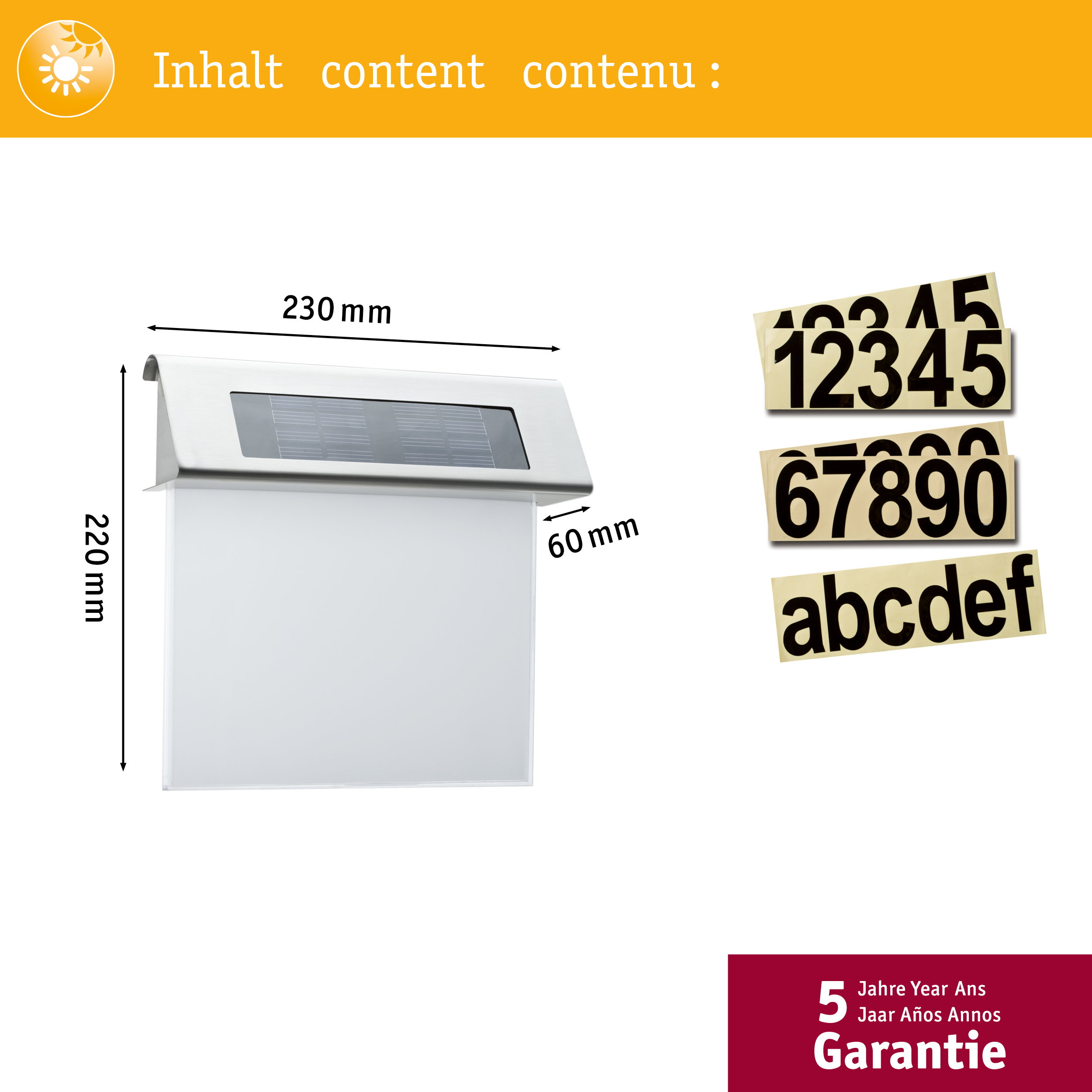 Luce solare con dimensioni e numeri e lettere adesive.