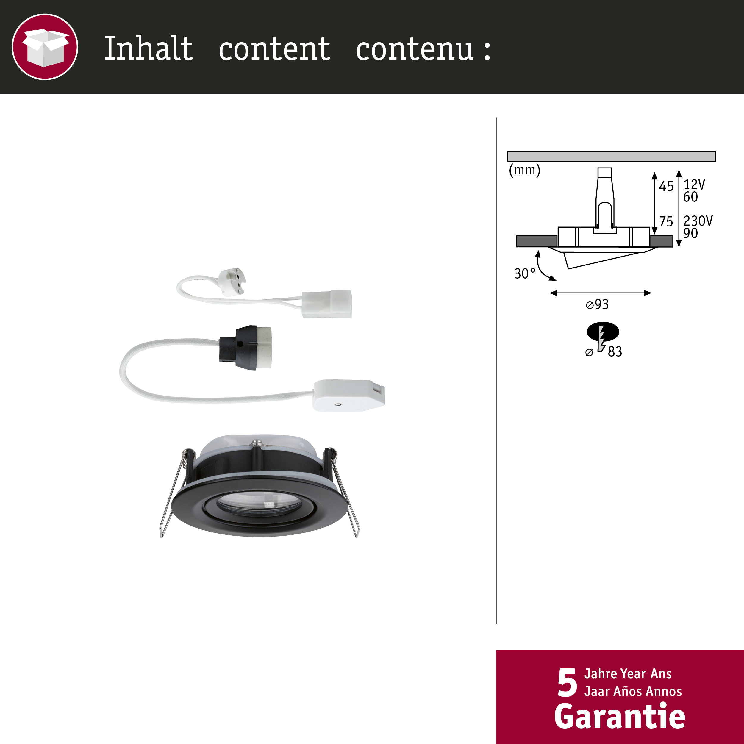 Einbauleuchte mit Kabel, Stecker und technischen Maßen.