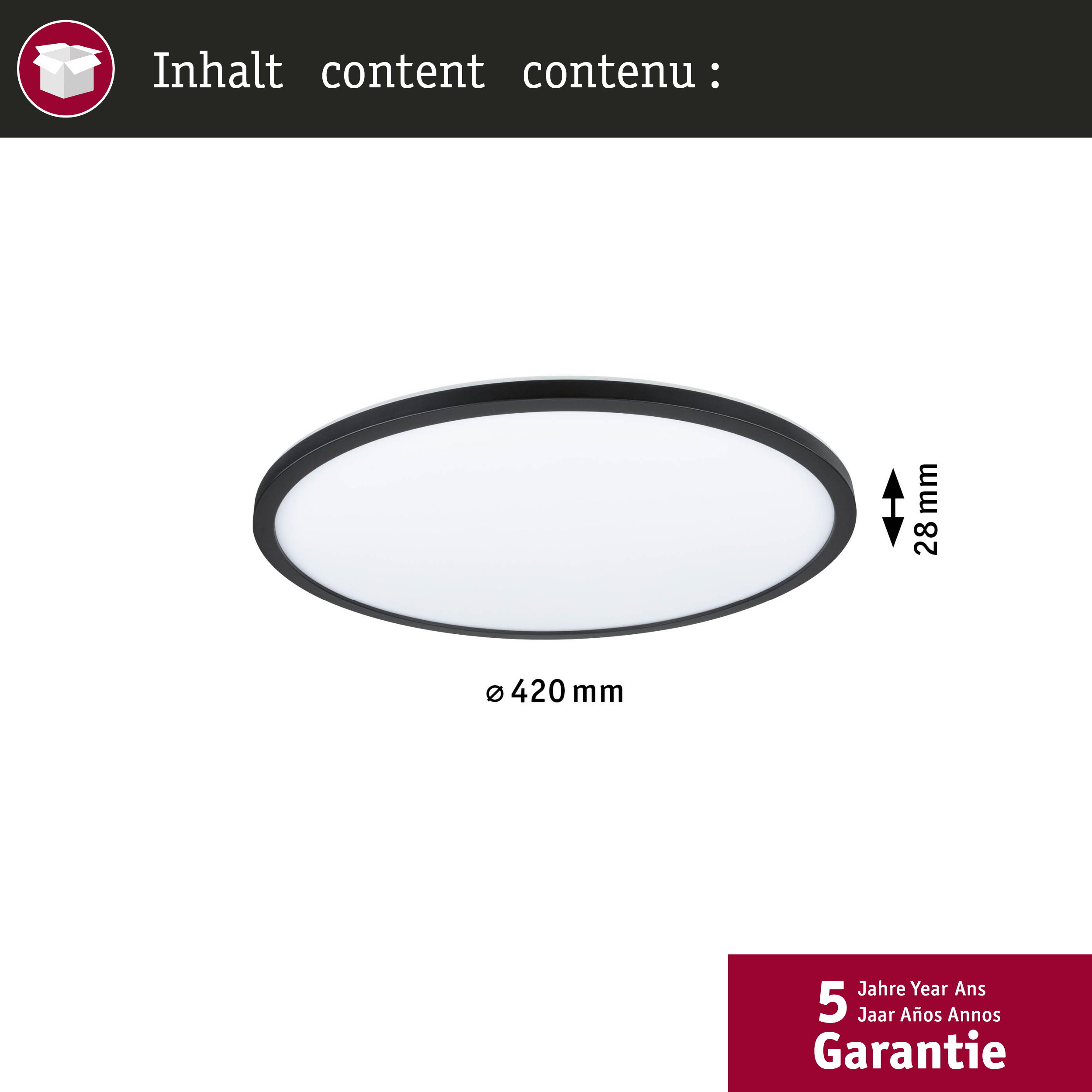 Lampada rotonda, 420mm diametro, 28mm altezza, cornice nera. 5 anni garanzia.