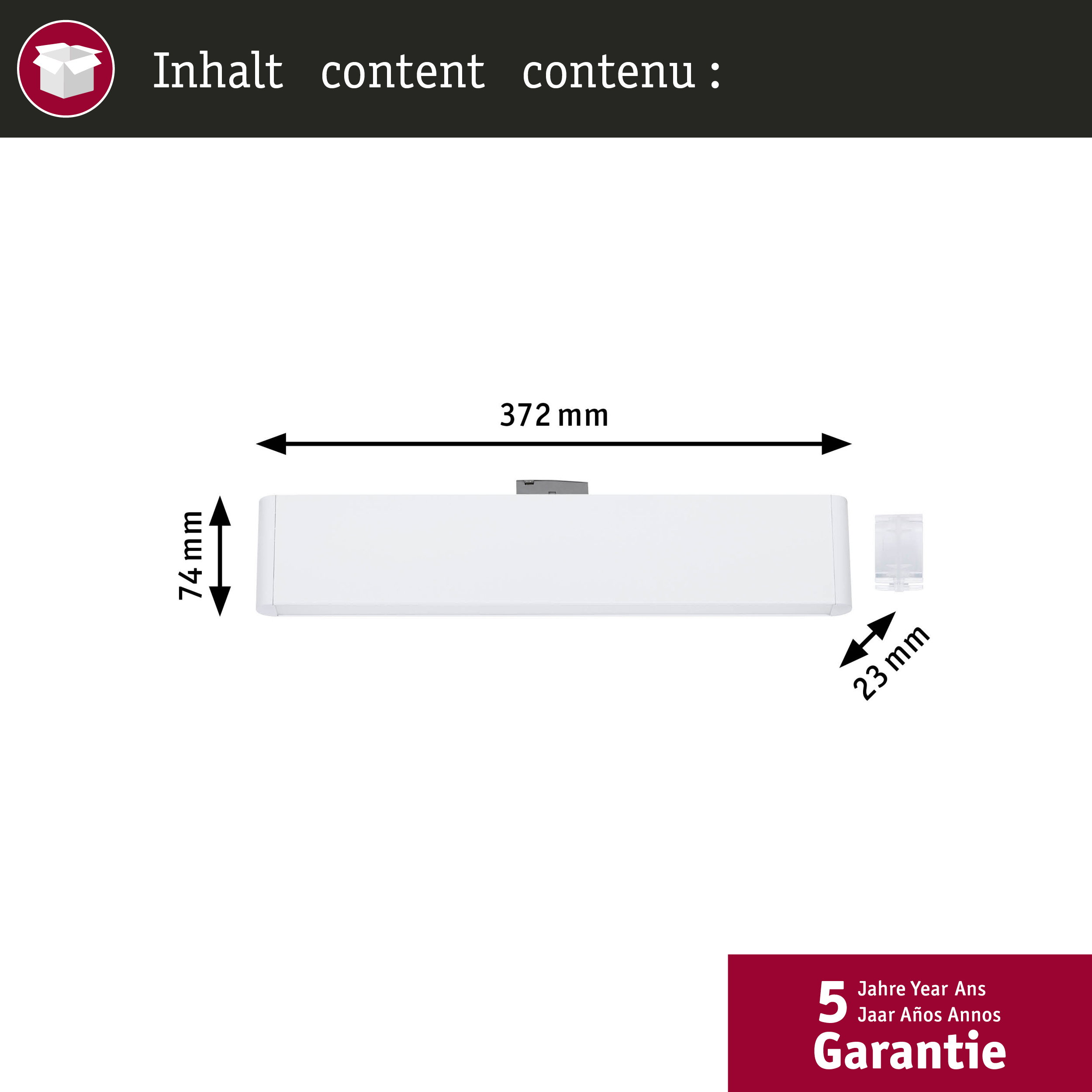 Ein weißes Objekt mit Maßen 372x74x23 mm, Garantie 5 Jahre.