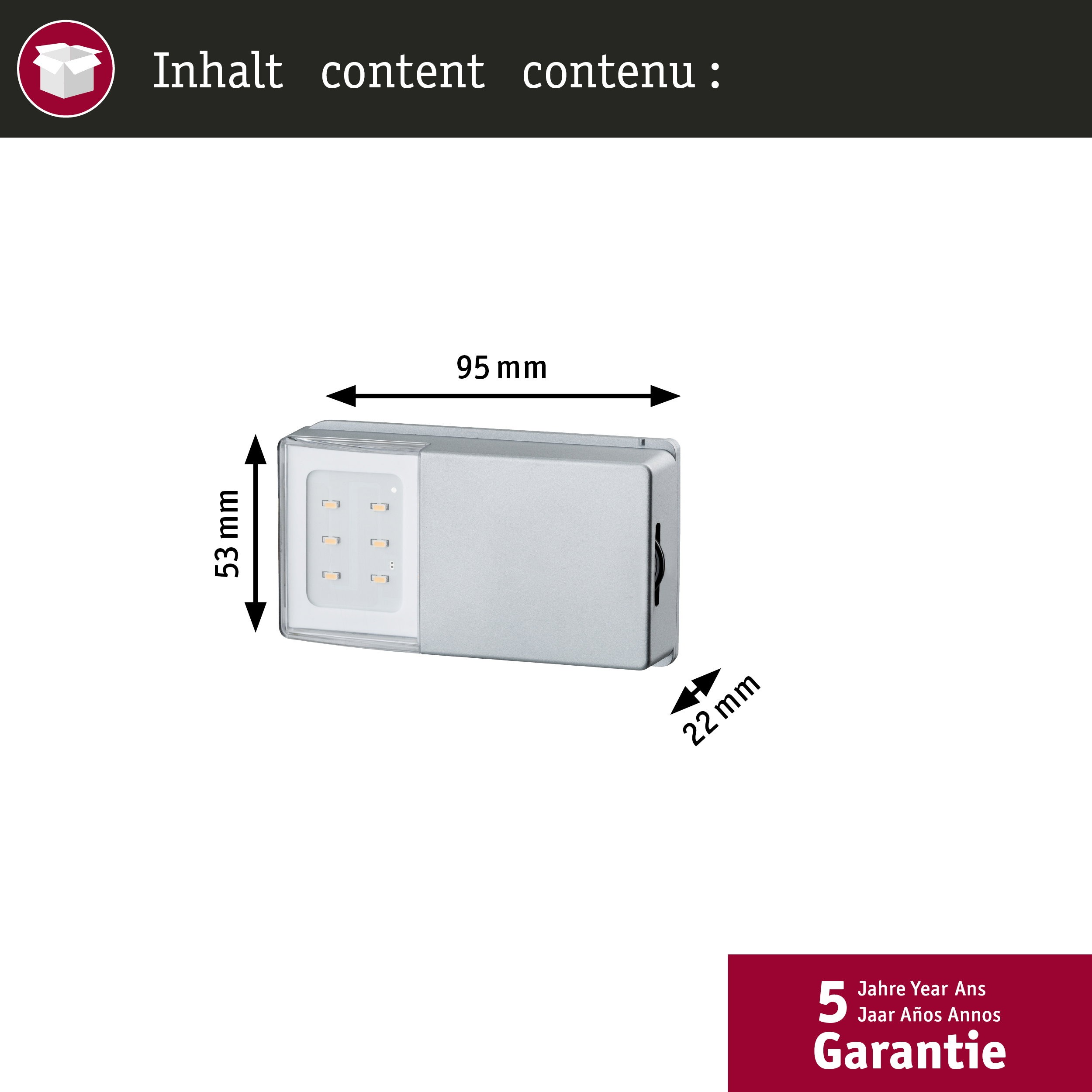 Ein silbernes LED-Licht mit Maßen 95x53x22 mm und 5 Jahre Garantie.