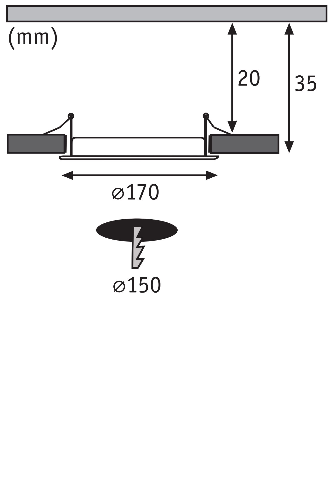Diagramm mit Maßen für Einbau, Durchmesser 170mm, Ausschnitt 150mm.
