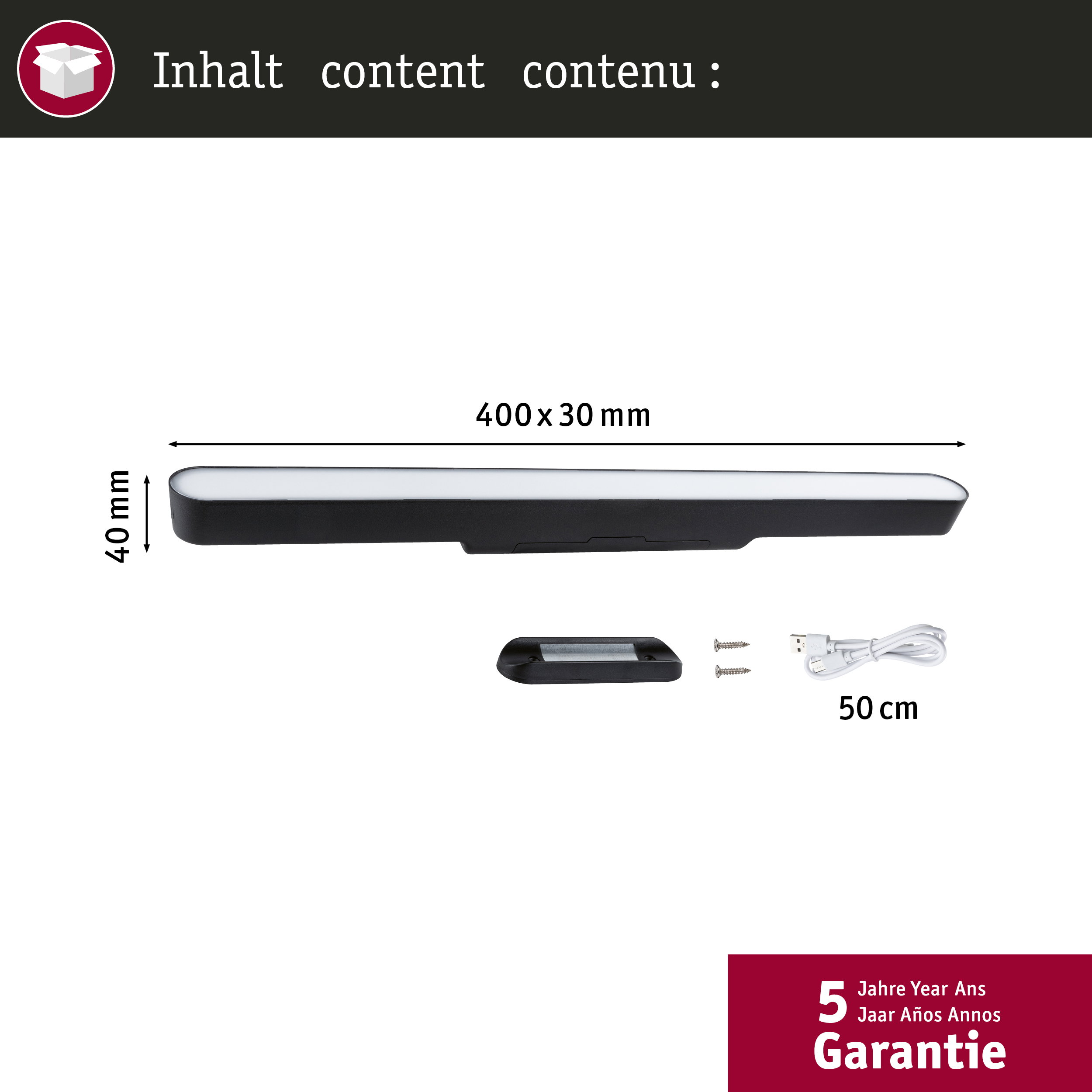 Eine 400x30mm LED-Leiste, Halterung, 2 Schrauben und 50cm USB-Kabel.