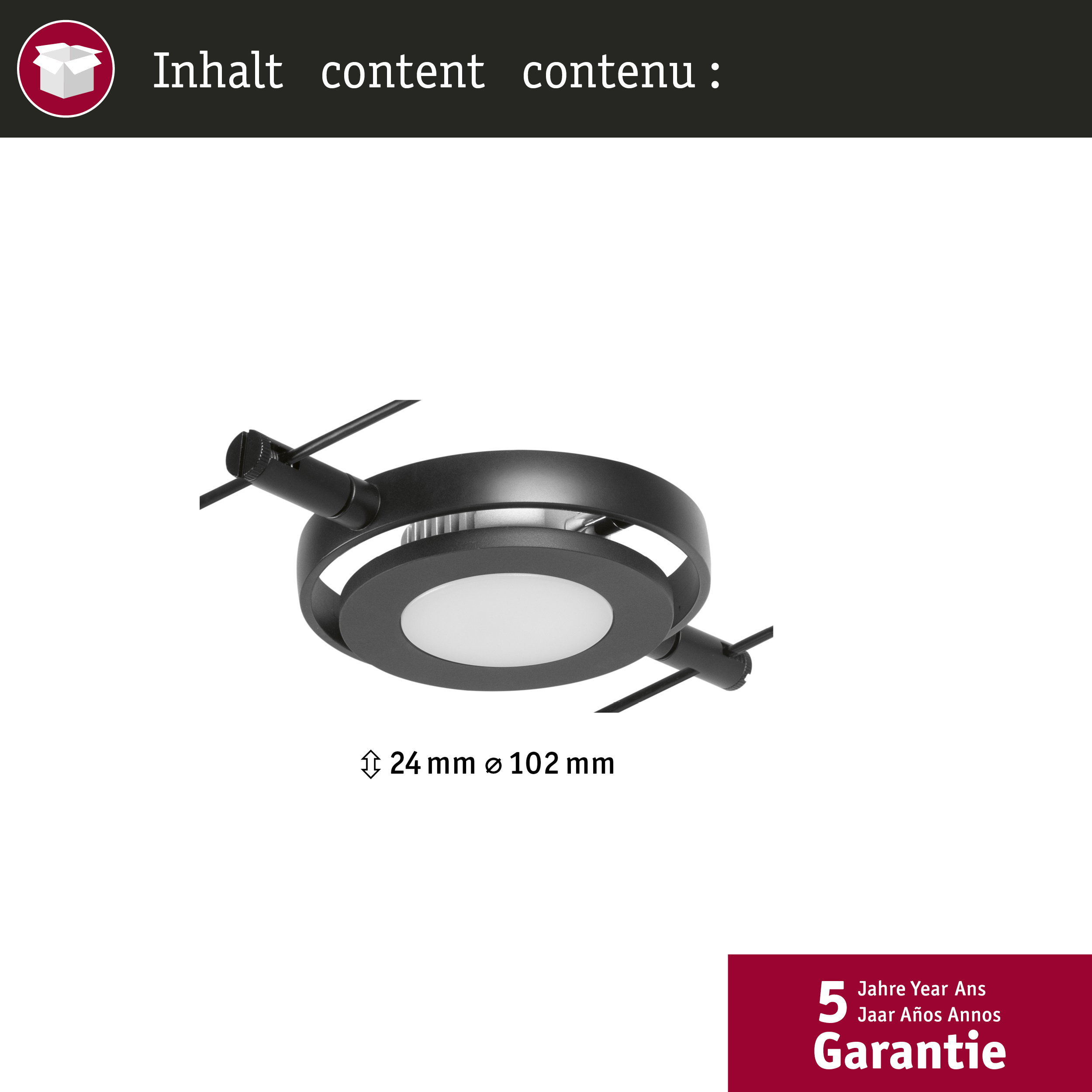Un faretto da soffitto rotondo nero con luce LED integrata, dimensioni 24x102mm.
