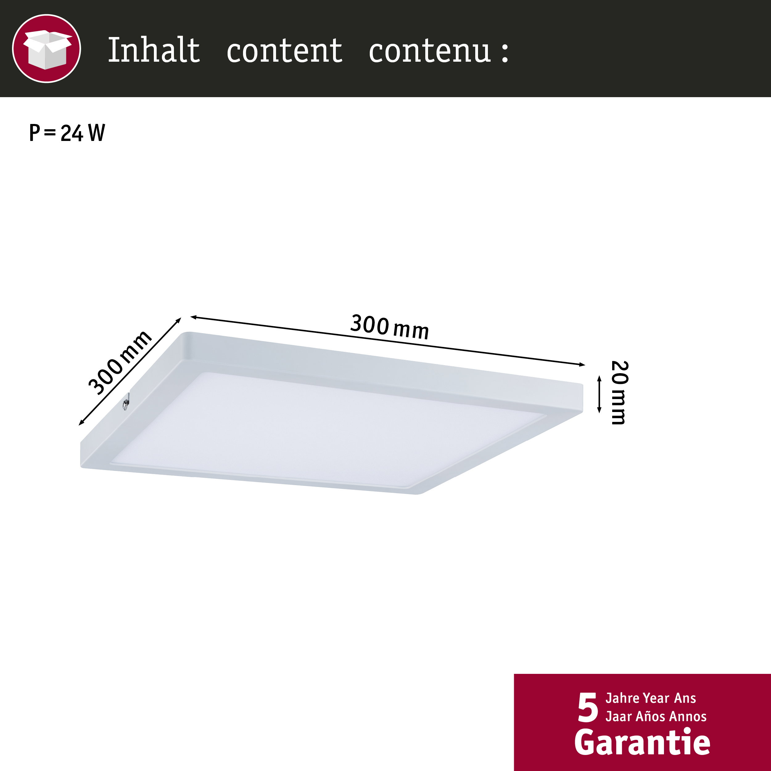 Plafoniera LED bianca, 300x300mm, potenza 24W, altezza 20mm.