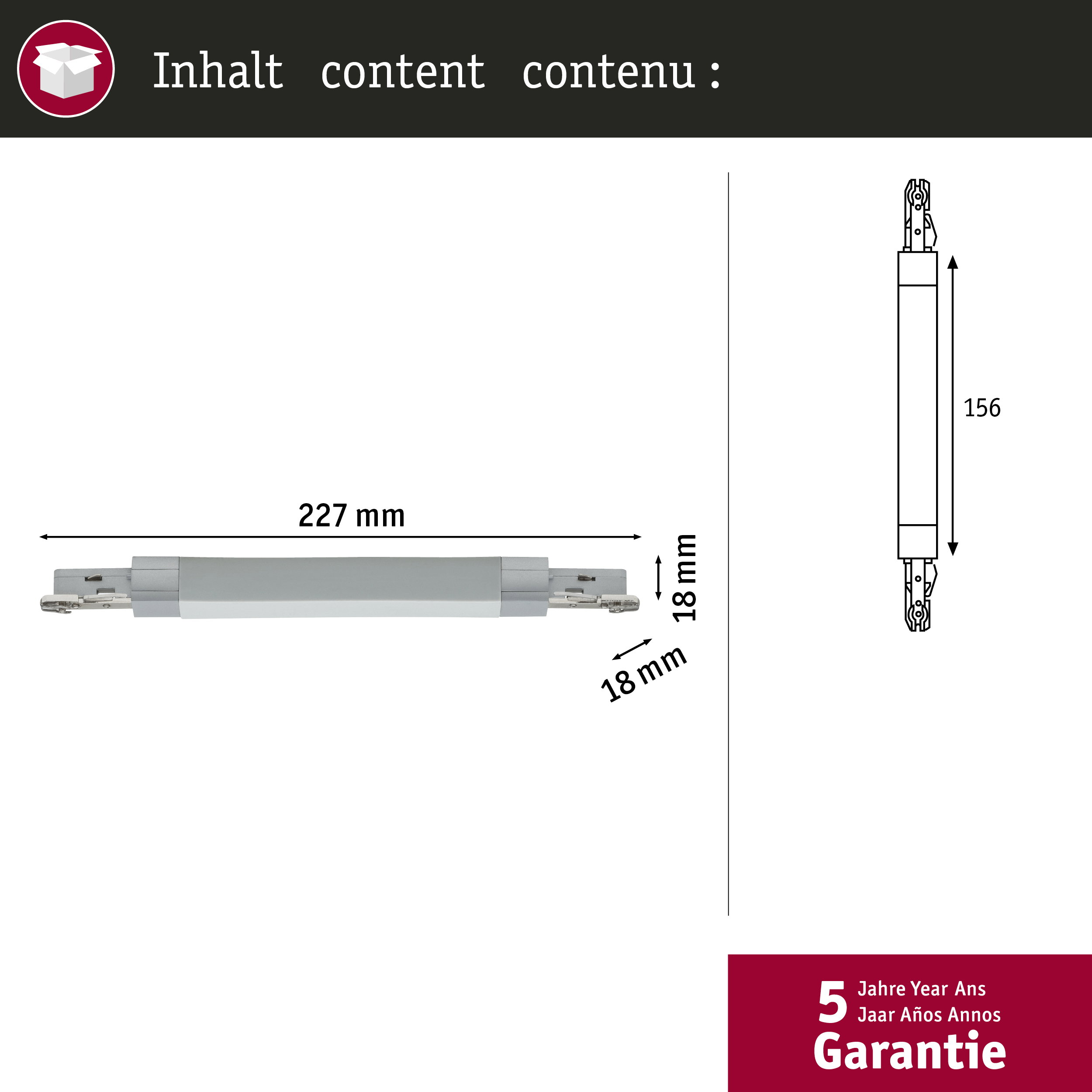 Graue Schiene mit silbernen Beschlägen, 227mm lang, 18mm breit. Daneben schematische Ansicht.
