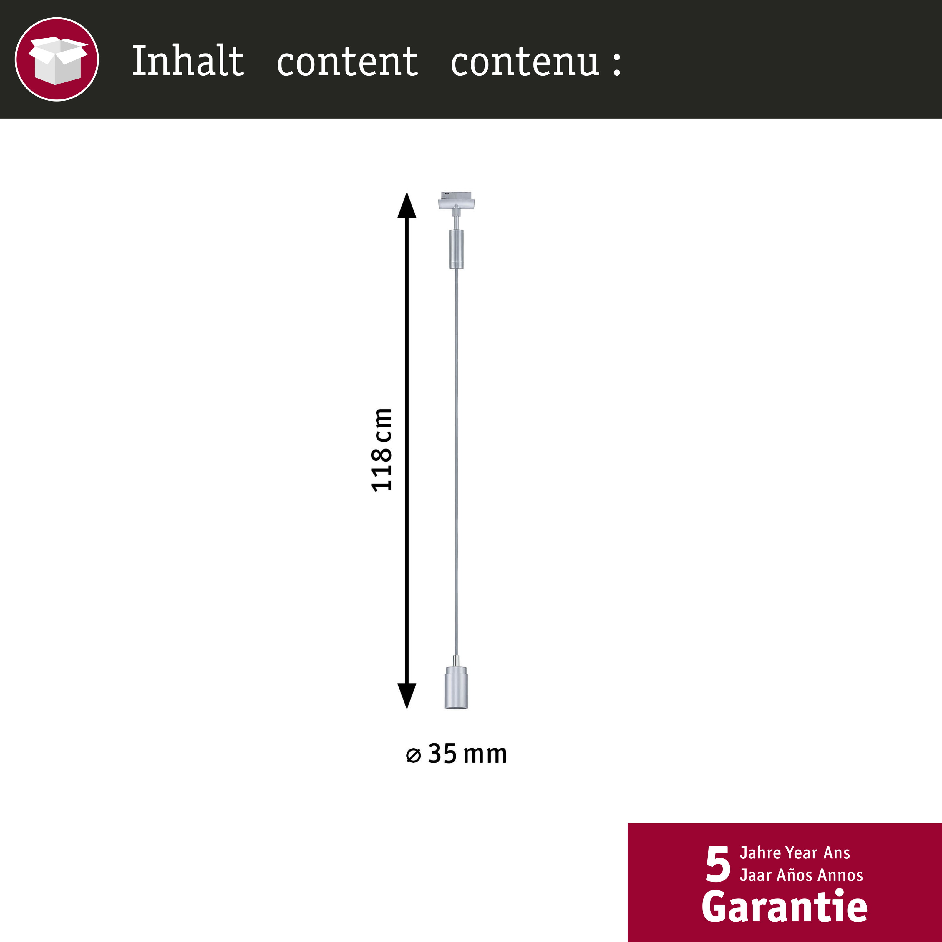Ein 118 cm langes Kabel mit 35 mm Durchmesser und Garantie.